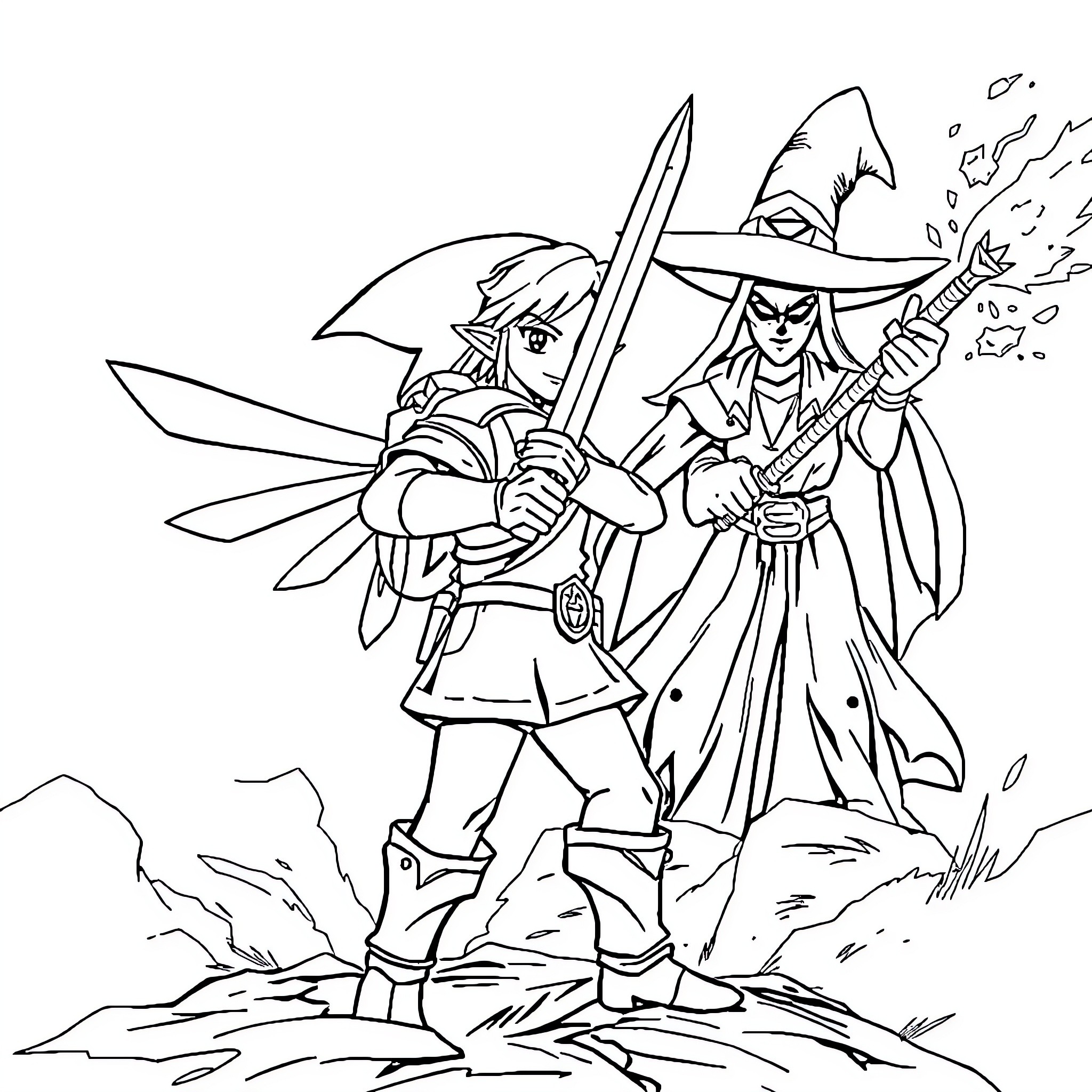 Link and Witch Battling in Adventure Coloring Page (free black-and-white line drawing printable PDF for all, from beginners to advanced learners, including children, teens, adults, and seniors)