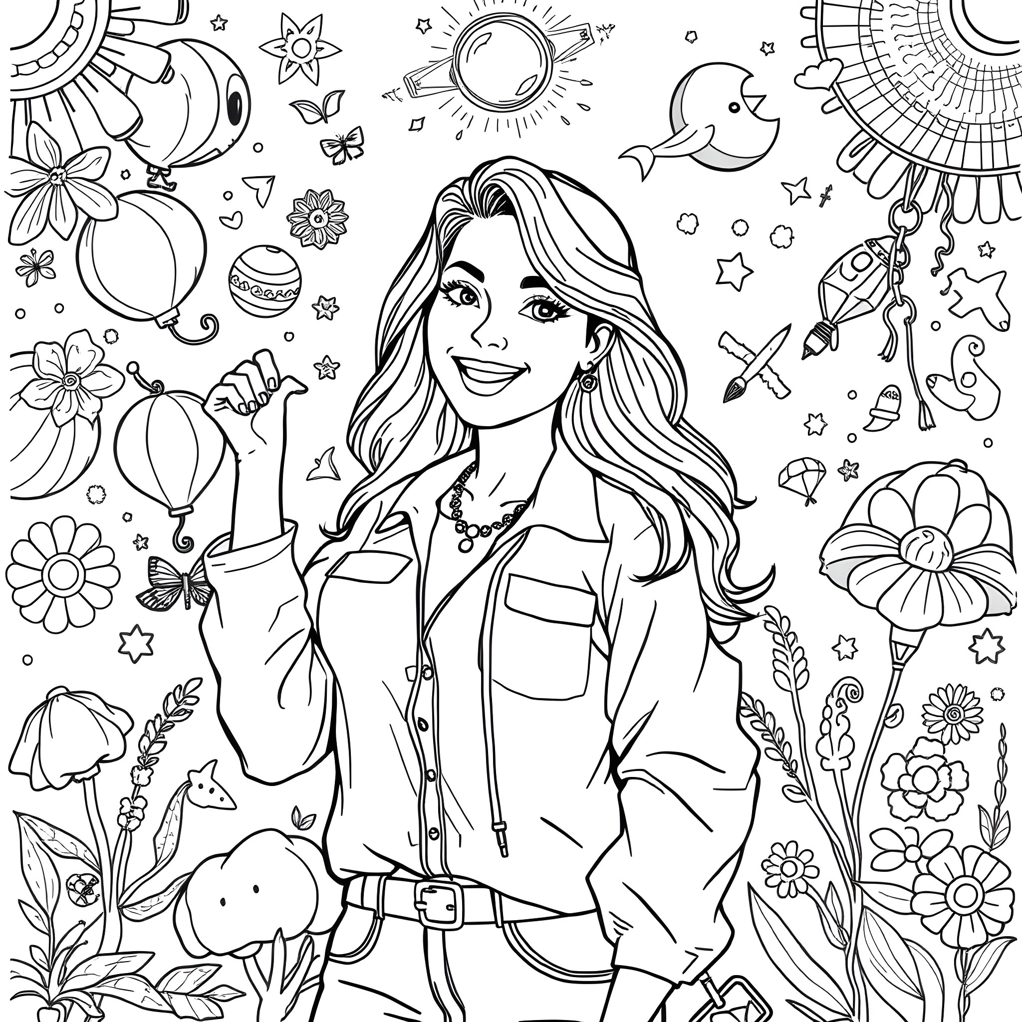 Girl surrounded by whimsical nature elements Coloring Page (free black-and-white line drawing printable PDF for all, from beginners to advanced learners, including children, teens, adults, and seniors)