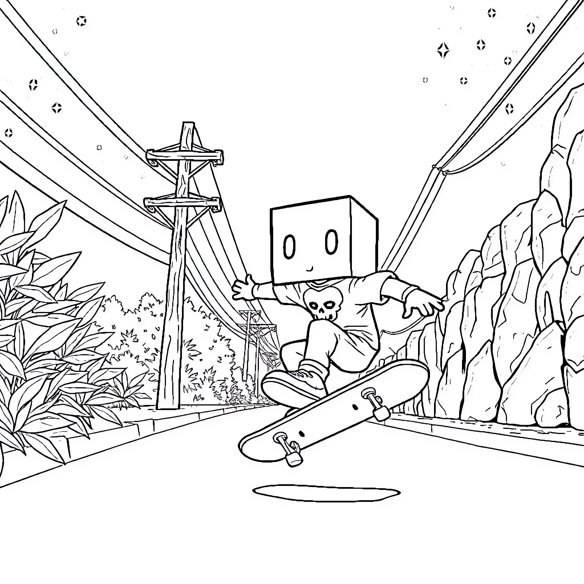 Box-Headed Character Skateboarding in Surreal Landscape Coloring Page (free black-and-white line drawing printable PDF for all, from beginners to advanced learners, including children, teens, adults, and seniors)
