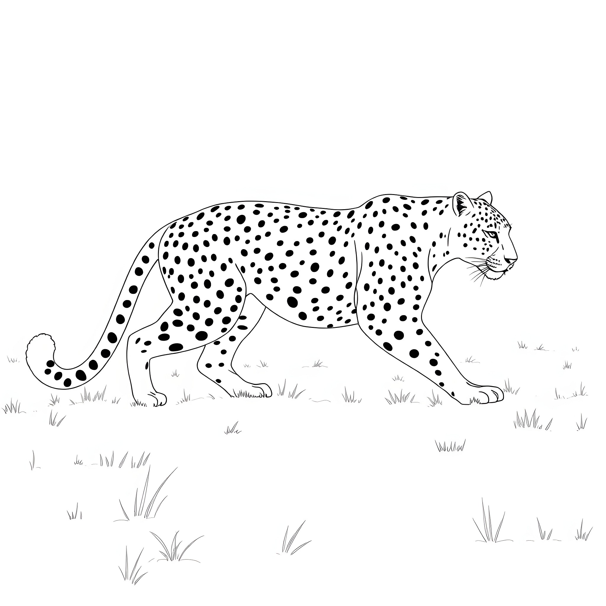 Leopard stalking through the grasslands Coloring Page (free black-and-white line drawing printable PDF for all, from beginners to advanced learners, including children, teens, adults, and seniors)