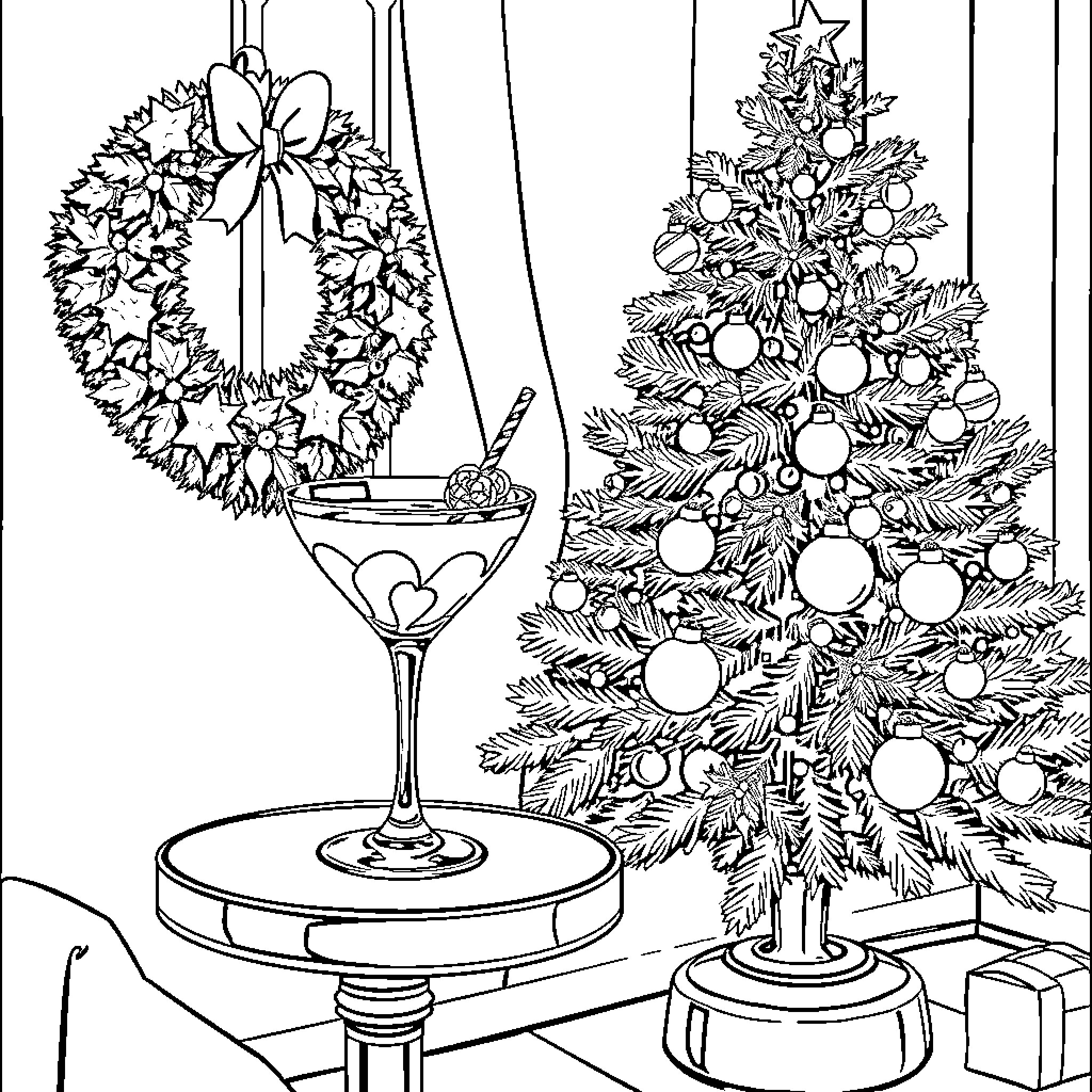 Cocktail Decorations for Christmas Celebration Coloring Page (free black-and-white line drawing printable PDF for all, from beginners to advanced learners, including children, teens, adults, and seniors)