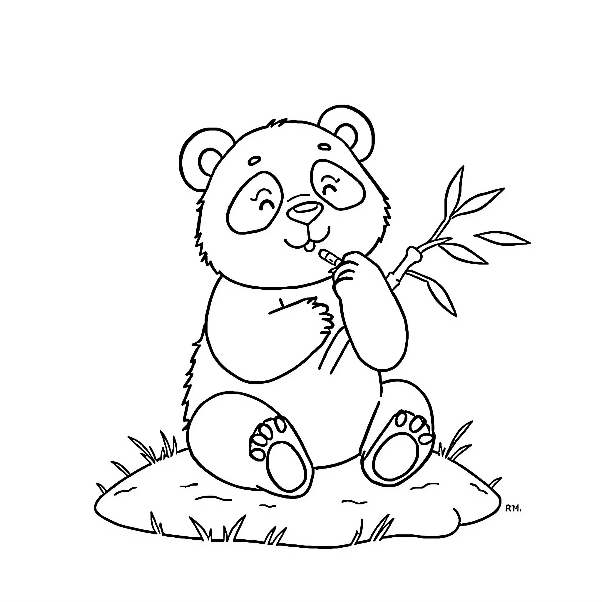 Panda enjoying a bamboo snack in nature Coloring Page (free black-and-white line drawing printable PDF for all, from beginners to advanced learners, including children, teens, adults, and seniors)