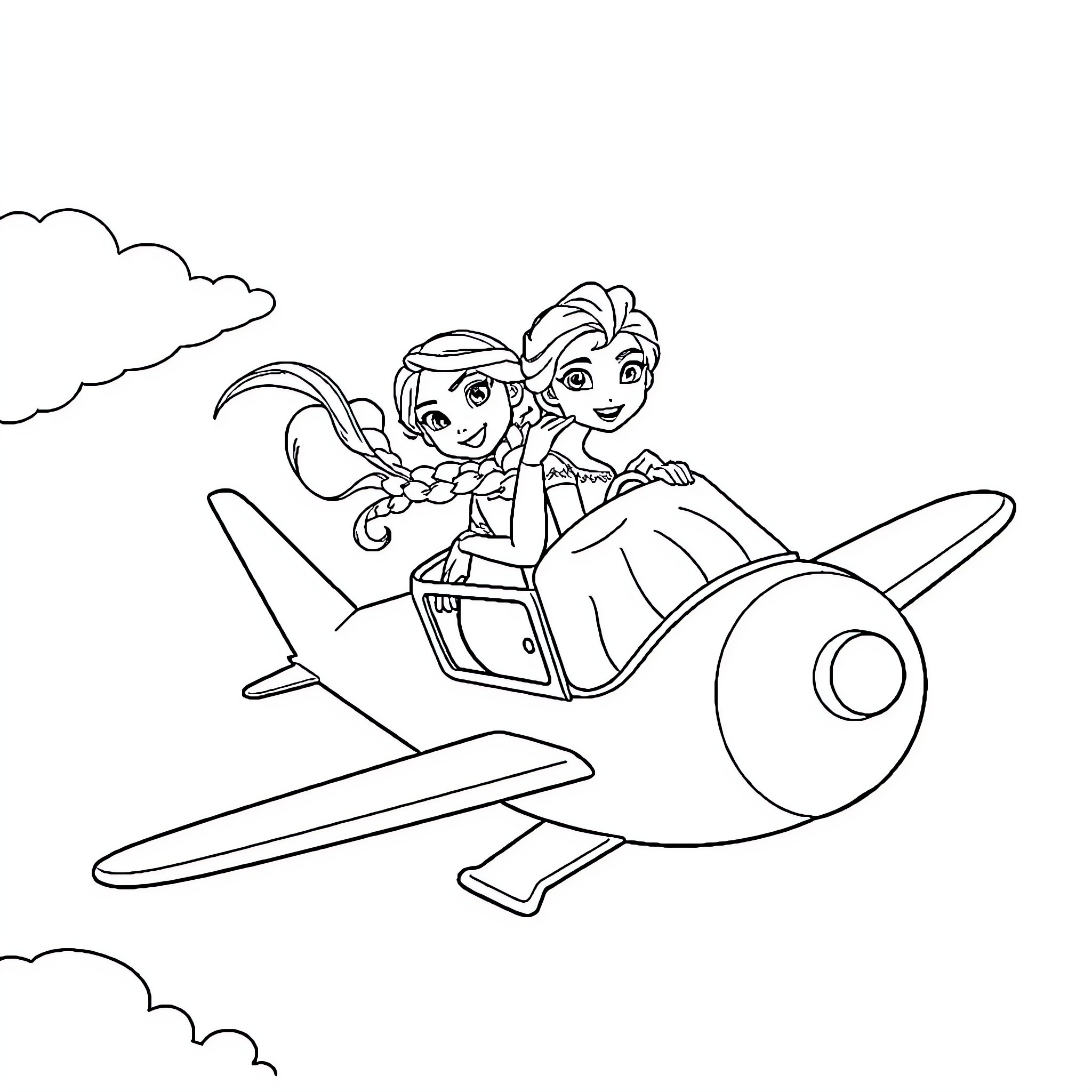 Rapunzel and Friend Soaring in a Biplane Coloring Page (free black-and-white line drawing printable PDF for all, from beginners to advanced learners, including children, teens, adults, and seniors)