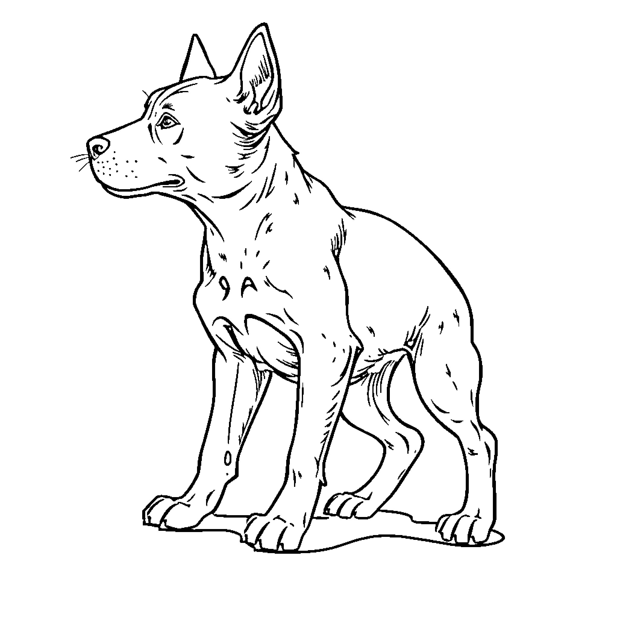 Perro sitting attentively and alert Coloring Page (free black-and-white line drawing printable PDF for all, from beginners to advanced learners, including children, teens, adults, and seniors)