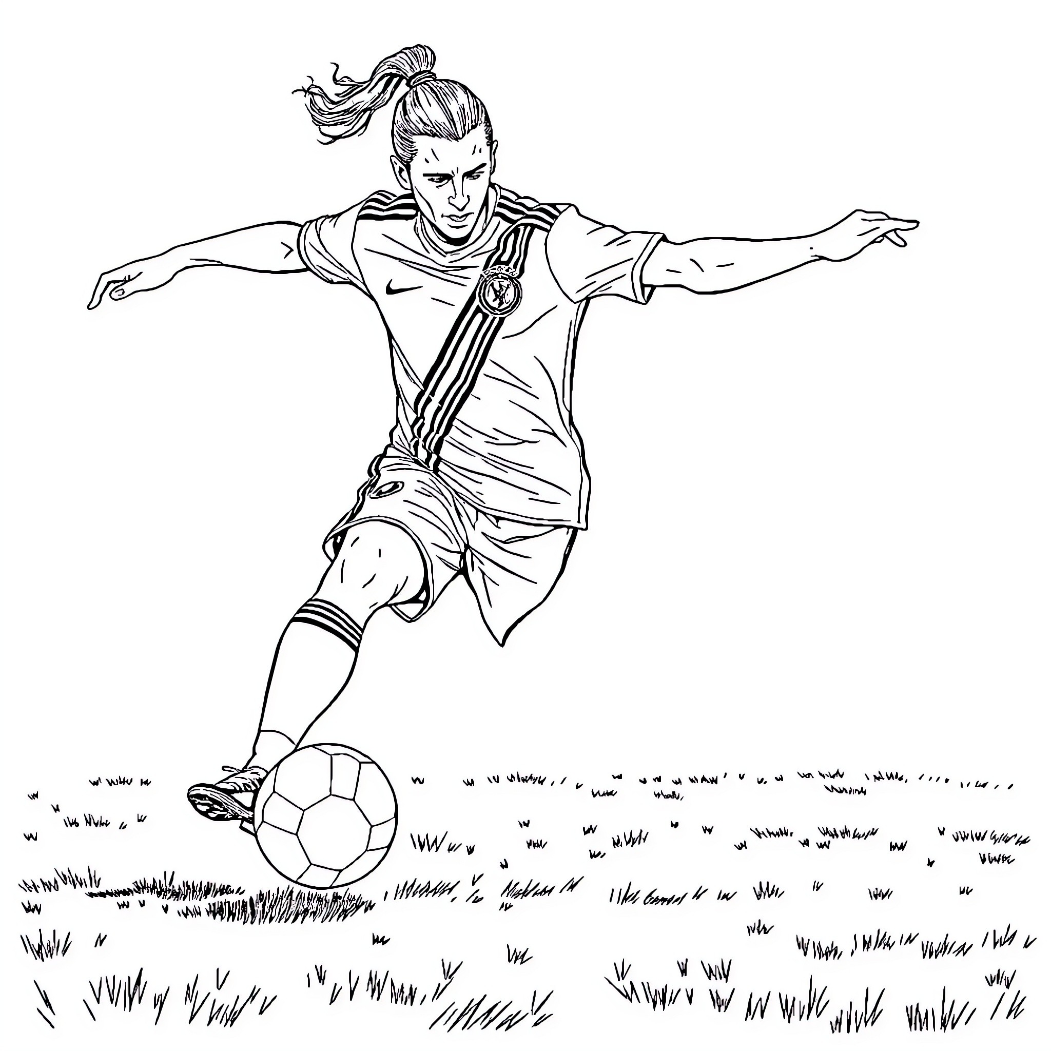 Soccer Player Celebrates Scoring Goal on Field Coloring Page (free black-and-white line drawing printable PDF for all, from beginners to advanced learners, including children, teens, adults, and seniors)