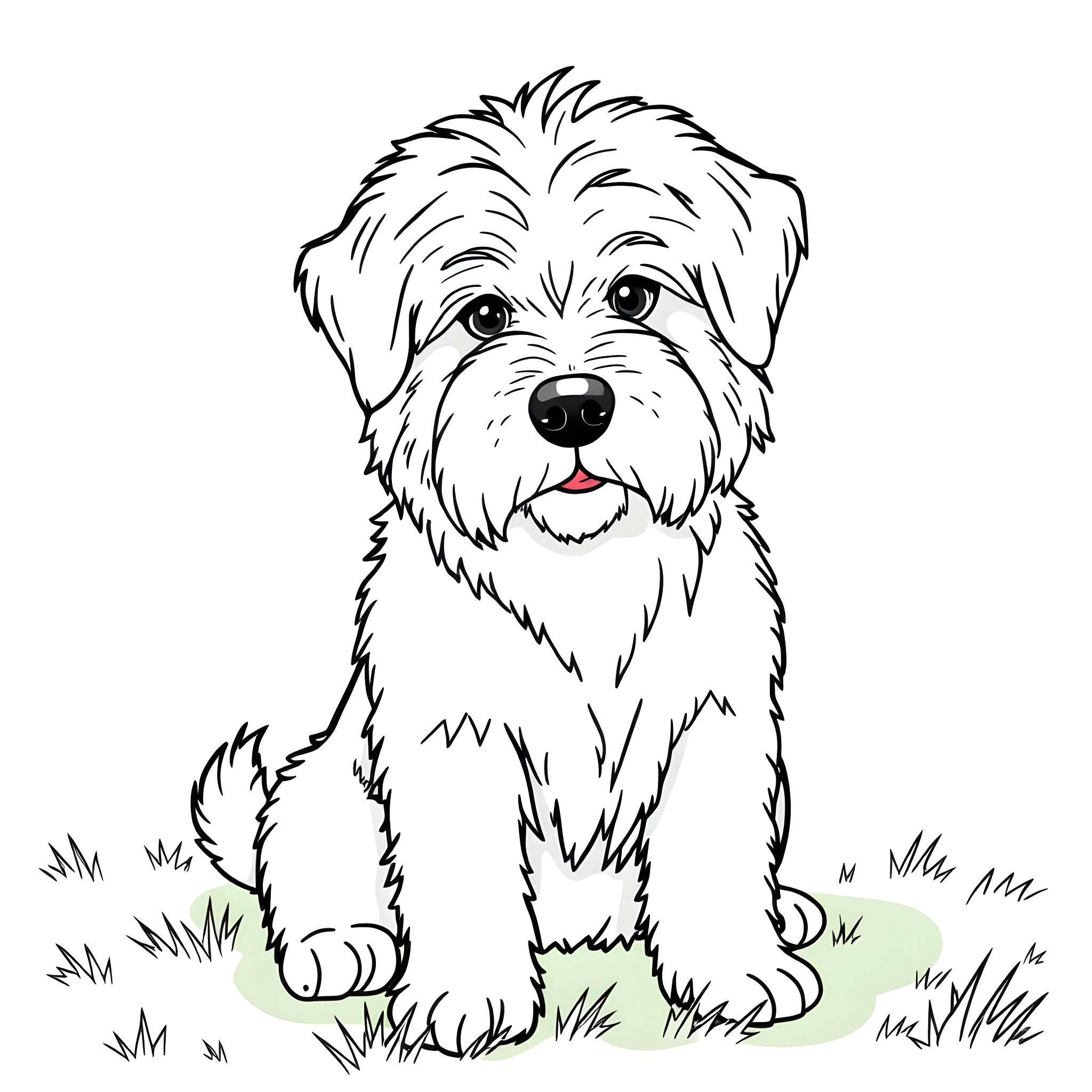 Dog sitting in the grass Coloring Page (free black-and-white line drawing printable PDF for all, from beginners to advanced learners, including children, teens, adults, and seniors)