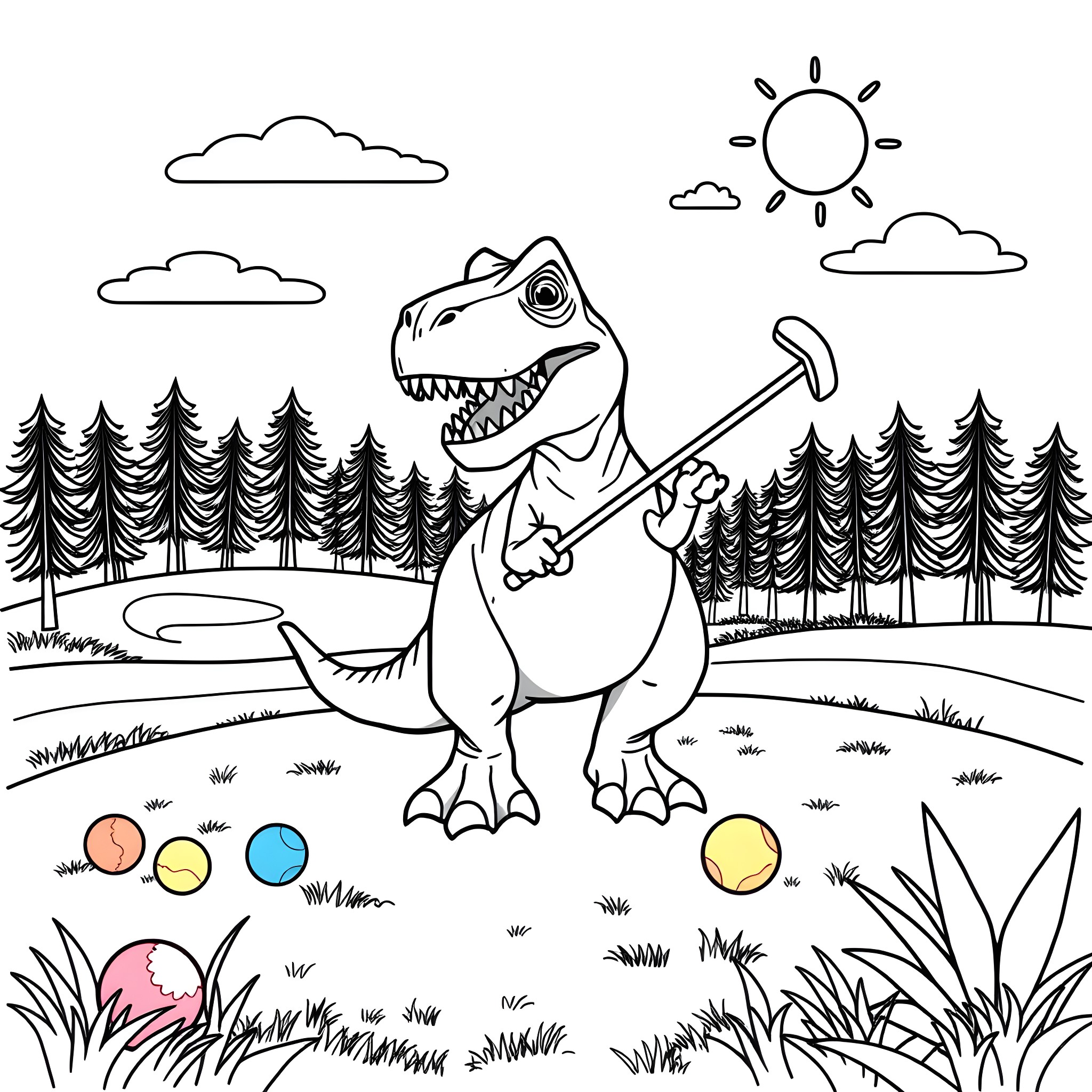 T-Rex wielding a hammer in a forest landscape Coloring Page (free black-and-white line drawing printable PDF for all, from beginners to advanced learners, including children, teens, adults, and seniors)