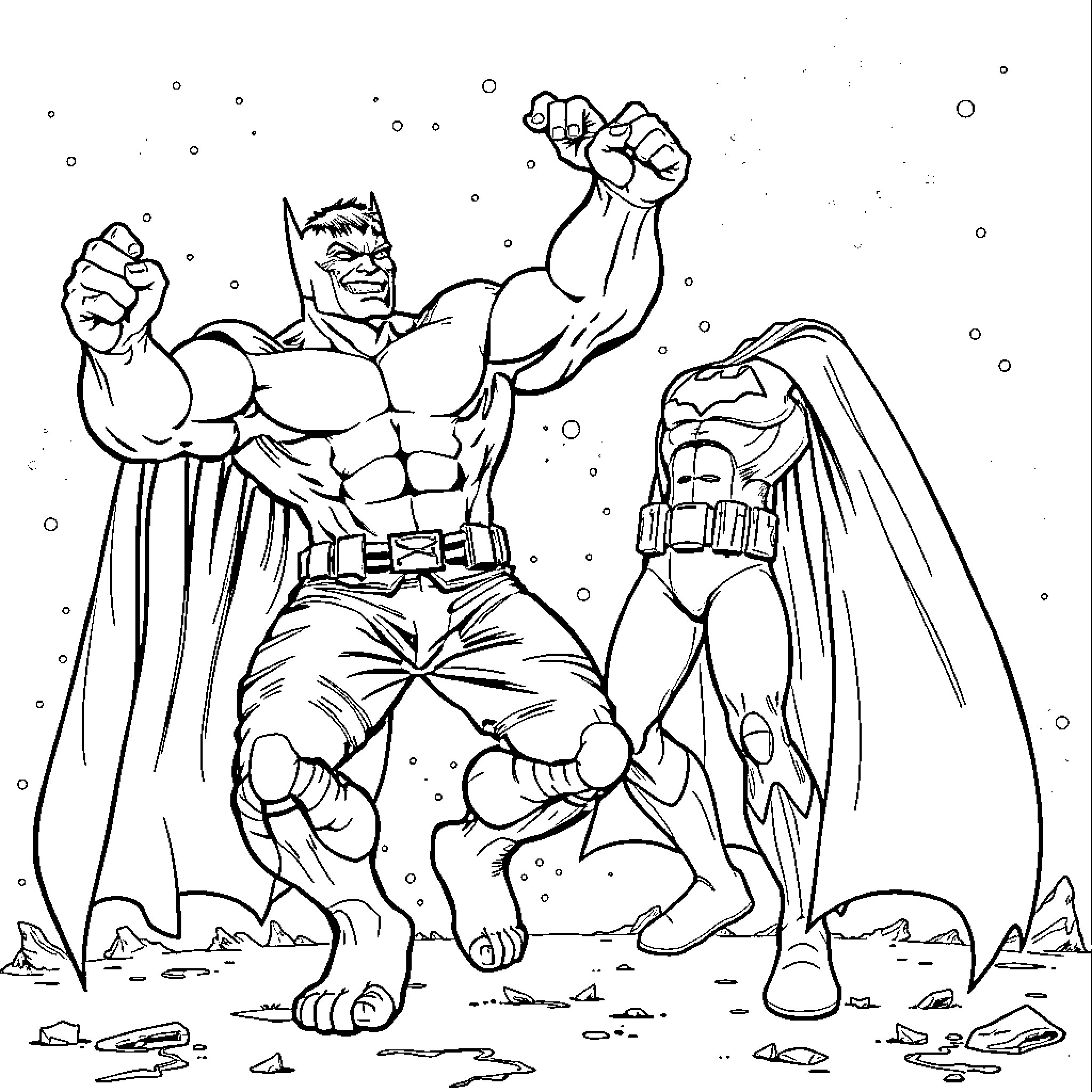 Hulk Smashing Through Snowy Landscape Coloring Page (free black-and-white line drawing printable PDF for all, from beginners to advanced learners, including children, teens, adults, and seniors)