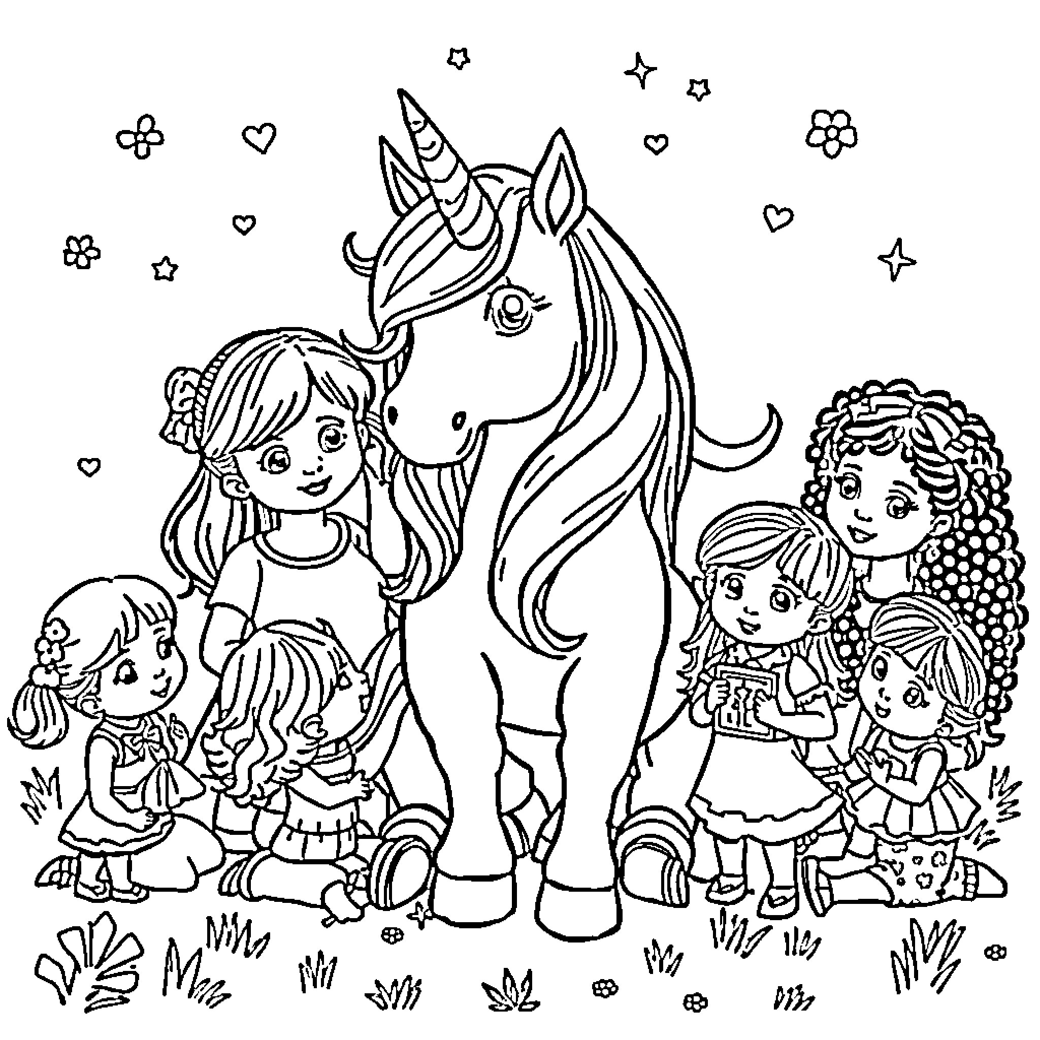 Unicorn and friends in a magical garden Coloring Page (free black-and-white line drawing printable PDF for all, from beginners to advanced learners, including children, teens, adults, and seniors)