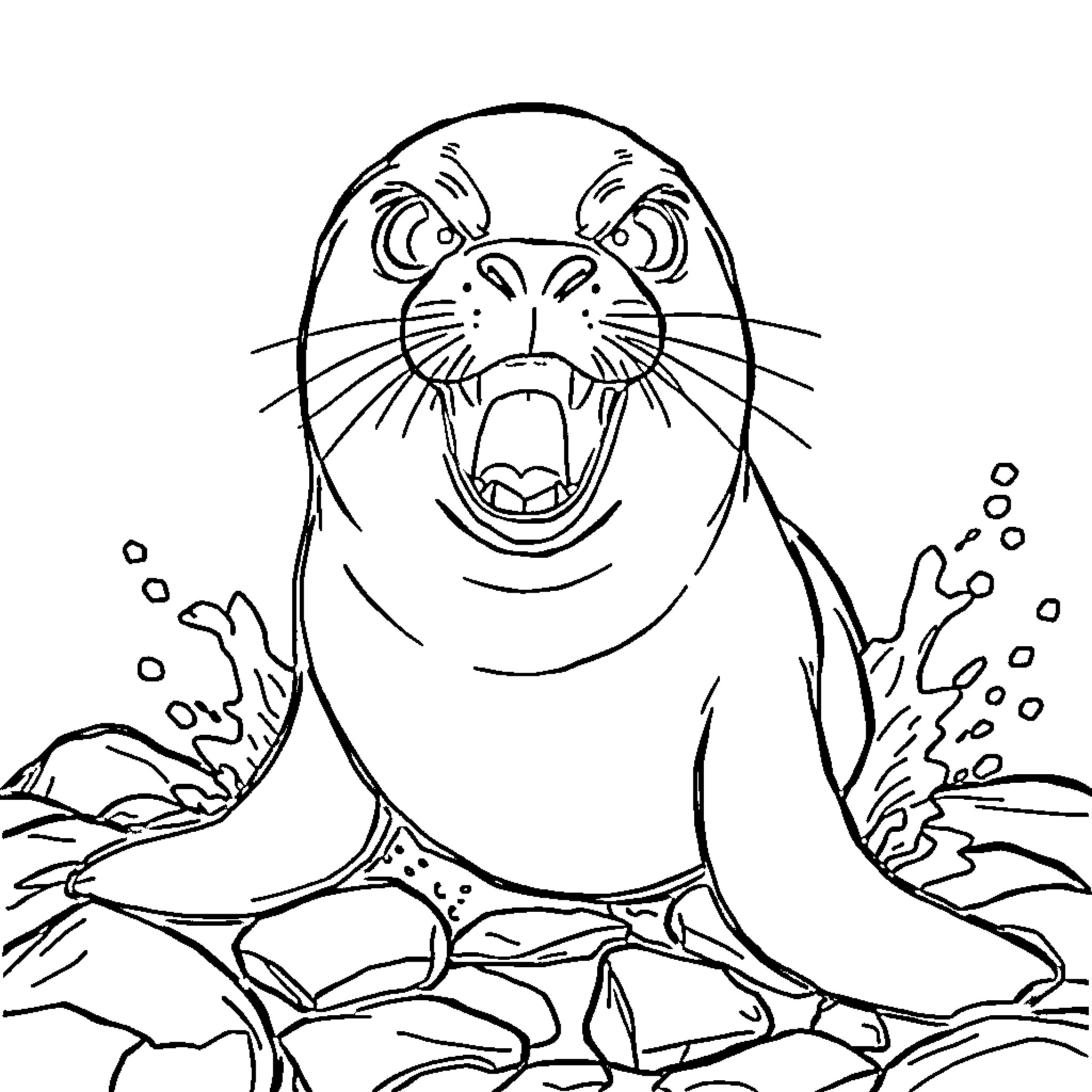 Seal resting on the rocks Coloring Page (free black-and-white line drawing printable PDF for all, from beginners to advanced learners, including children, teens, adults, and seniors)