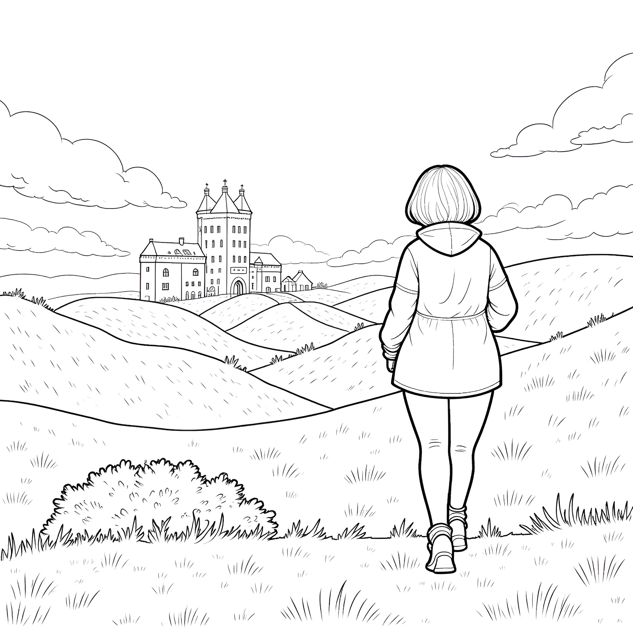 Woman walking through a scenic countryside landscape Coloring Page (free black-and-white line drawing printable PDF for all, from beginners to advanced learners, including children, teens, adults, and seniors)