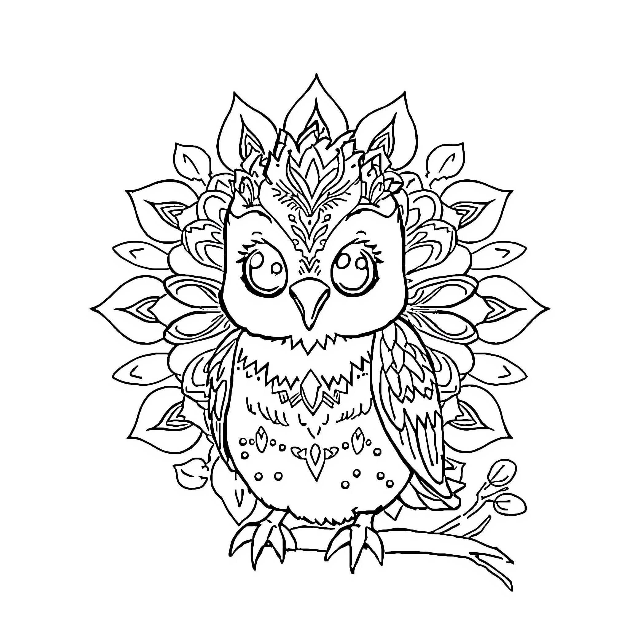 Owl in a floral mandala design Coloring Page (free black-and-white line drawing printable PDF for all, from beginners to advanced learners, including children, teens, adults, and seniors)