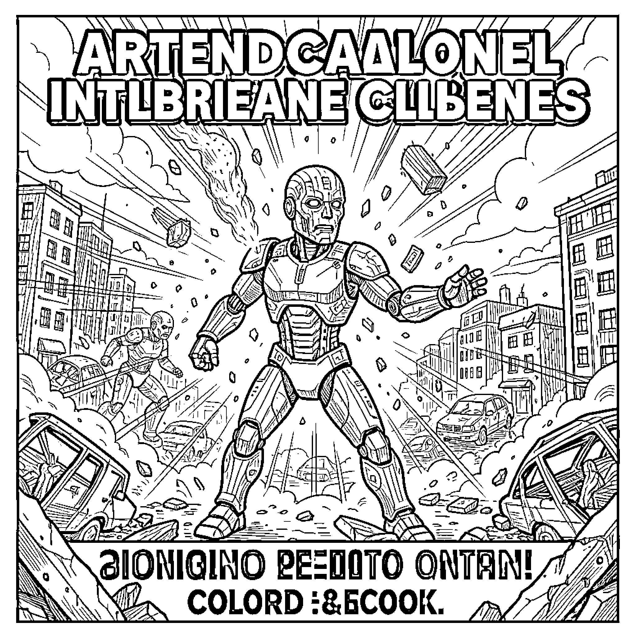 AI robot standing amidst a destroyed city scene Coloring Page (free black-and-white line drawing printable PDF for all, from beginners to advanced learners, including children, teens, adults, and seniors)