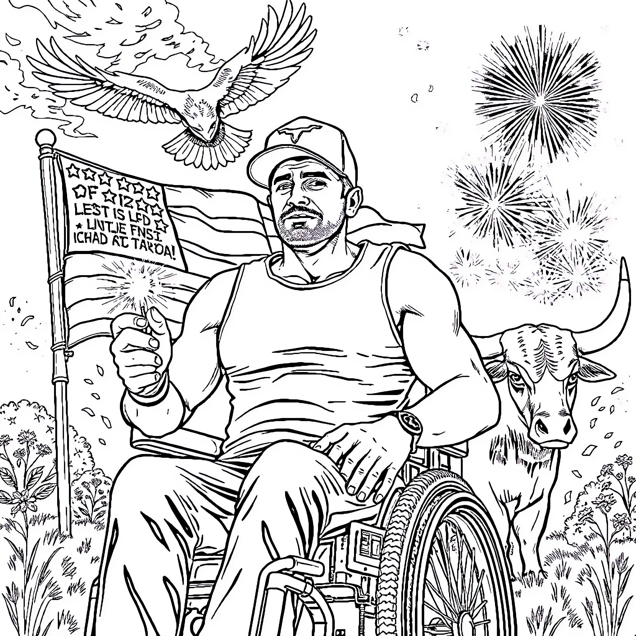 Texas Man in Wheelchair with Patriotic Flag and Fireworks Coloring Page (free black-and-white line drawing printable PDF for all, from beginners to advanced learners, including children, teens, adults, and seniors)
