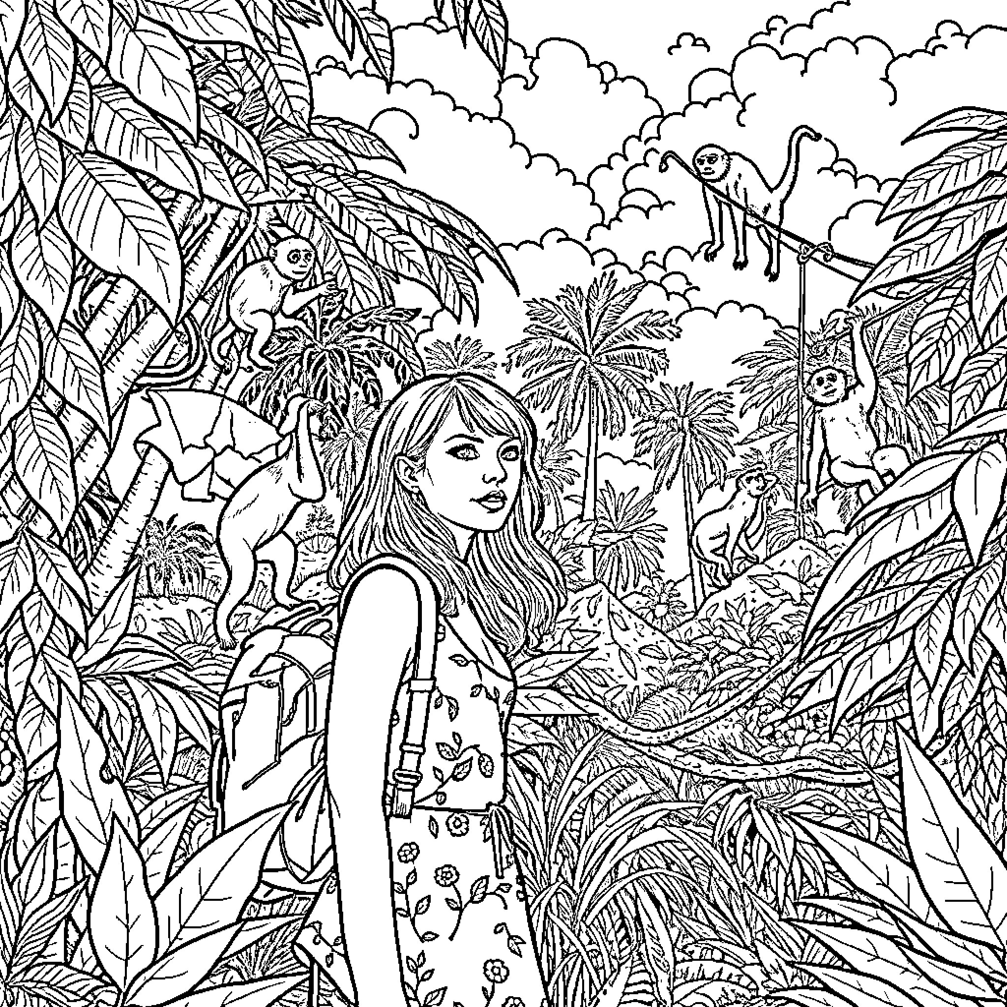 Taylor Swift in a whimsical jungle landscape Coloring Page (free black-and-white line drawing printable PDF for all, from beginners to advanced learners, including children, teens, adults, and seniors)