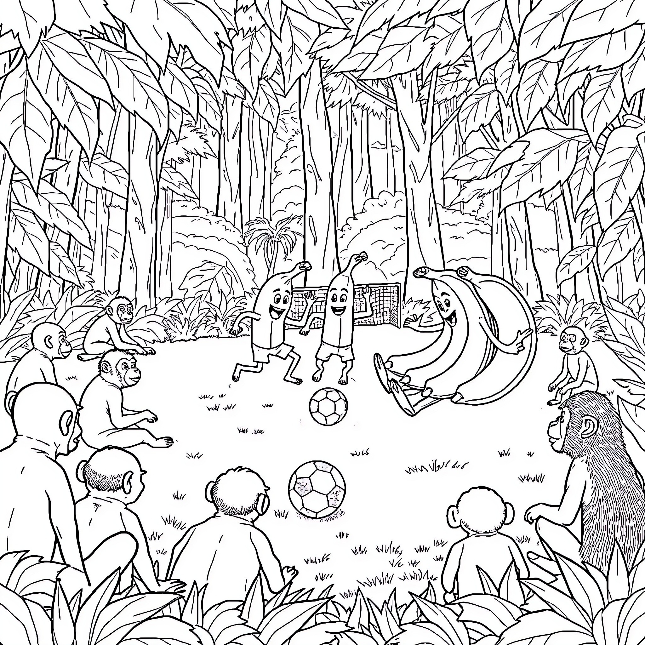 Banana Soccer Game in the Jungle Wilderness Coloring Page (free black-and-white line drawing printable PDF for all, from beginners to advanced learners, including children, teens, adults, and seniors)