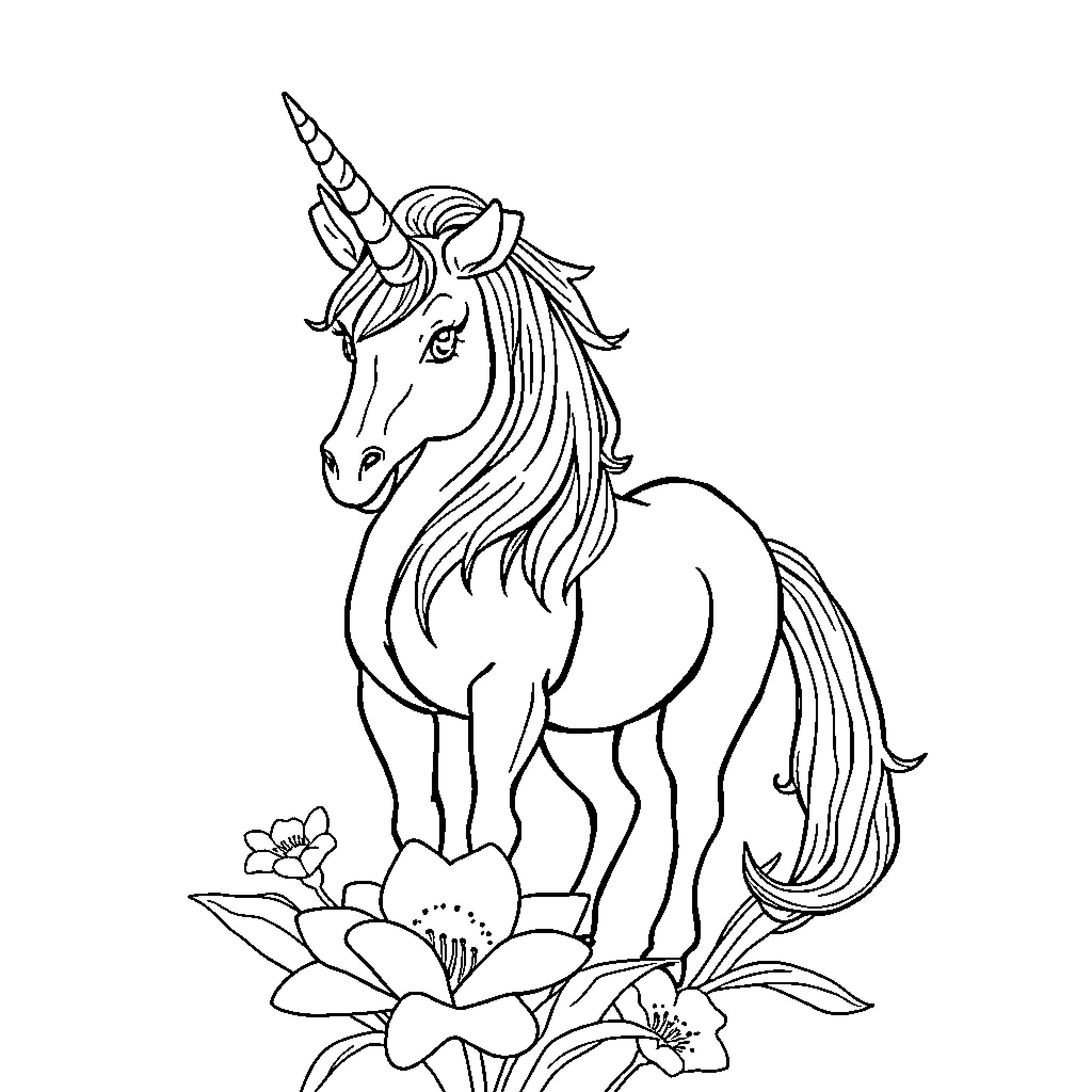 Einhorn Enchanting Unicorn with Floral Accents Coloring Page (free black-and-white line drawing printable PDF for all, from beginners to advanced learners, including children, teens, adults, and seniors)