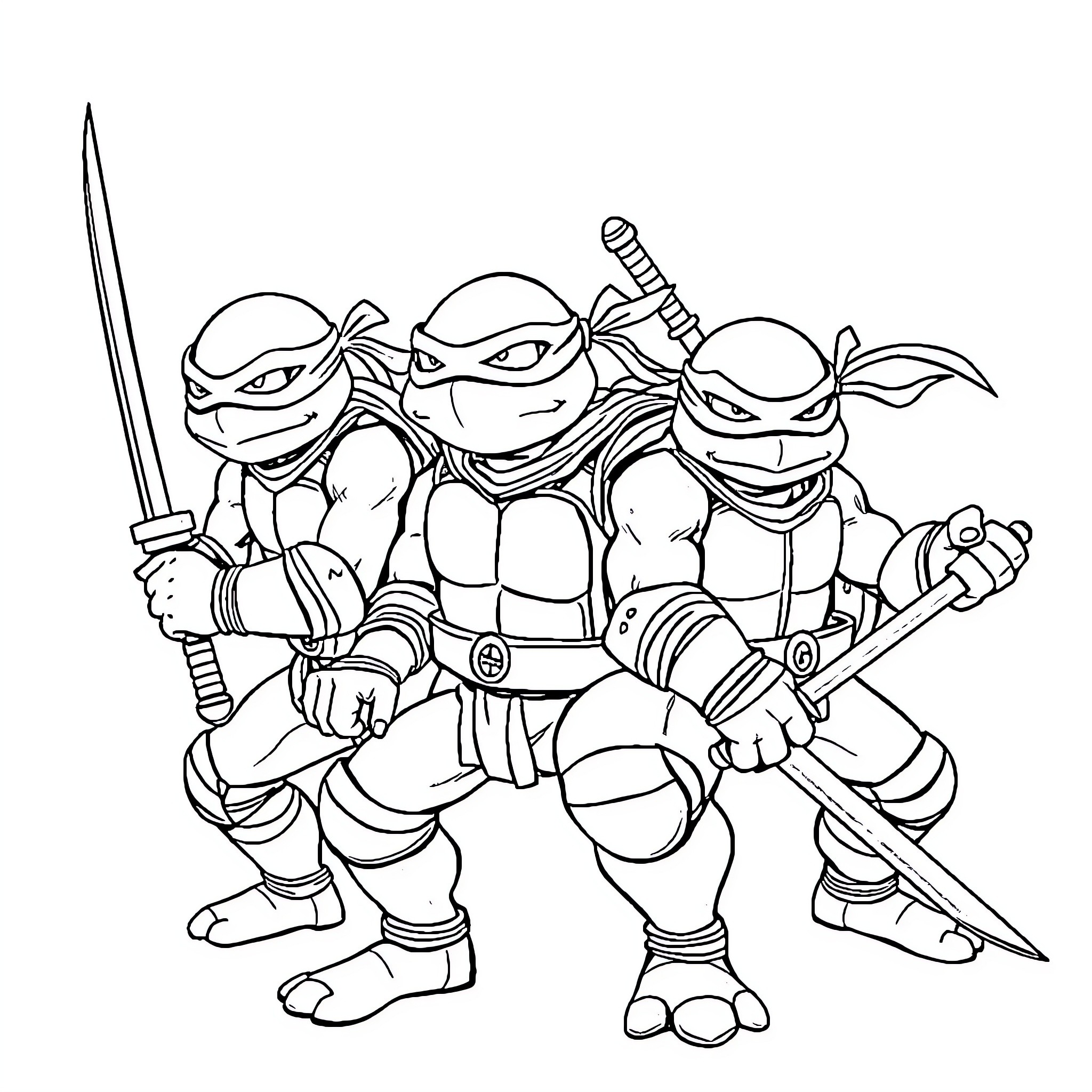 Ninja Turtles in action poses with weapons Coloring Page (free black-and-white line drawing printable PDF for all, from beginners to advanced learners, including children, teens, adults, and seniors)