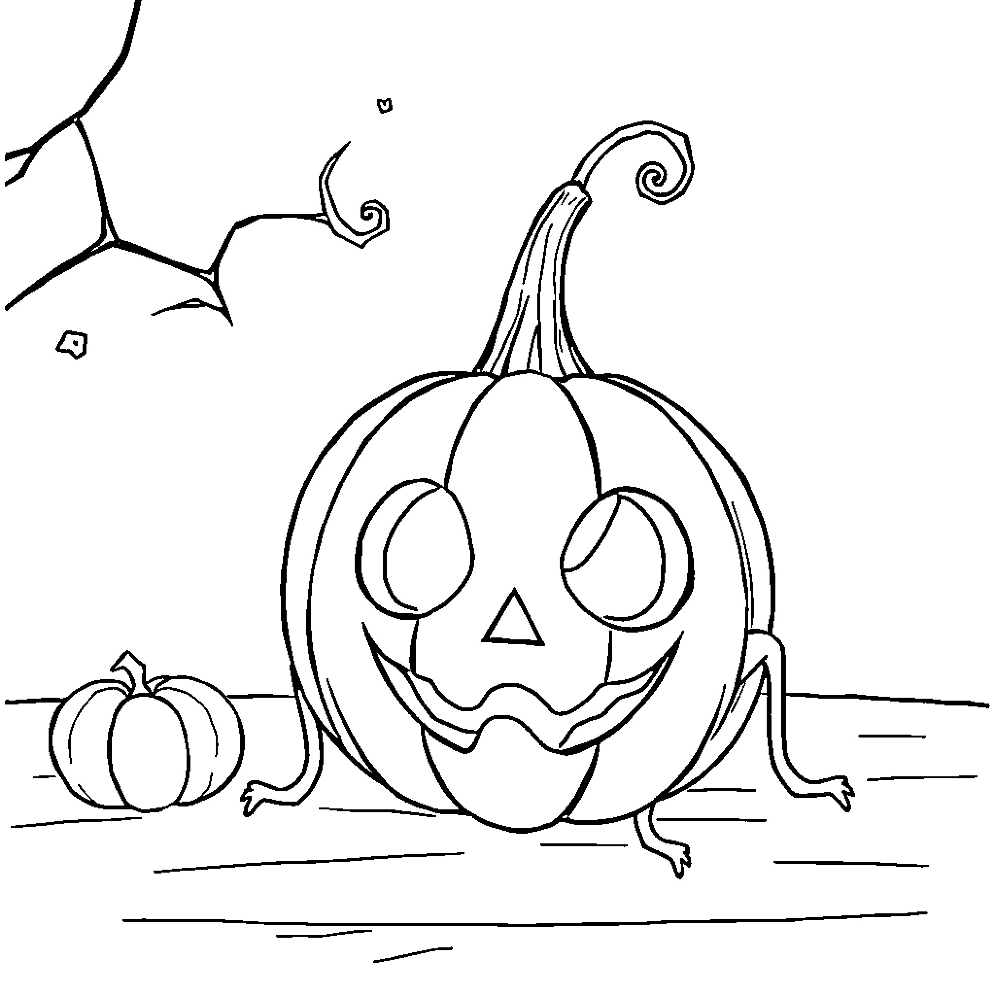 Pumpkin Jack-o'-lantern with curious expression Coloring Page (free black-and-white line drawing printable PDF for all, from beginners to advanced learners, including children, teens, adults, and seniors)