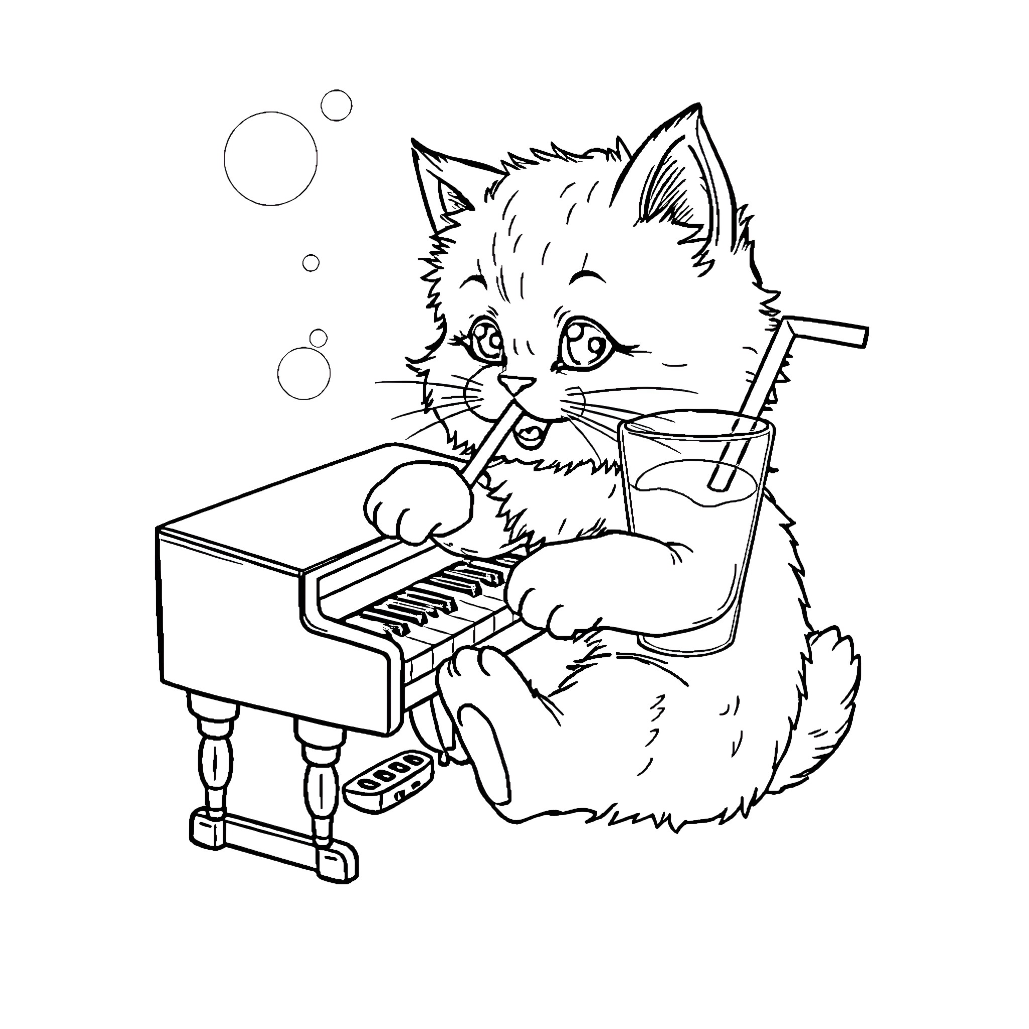 Cat playing piano with a straw Coloring Page (free black-and-white line drawing printable PDF for all, from beginners to advanced learners, including children, teens, adults, and seniors)