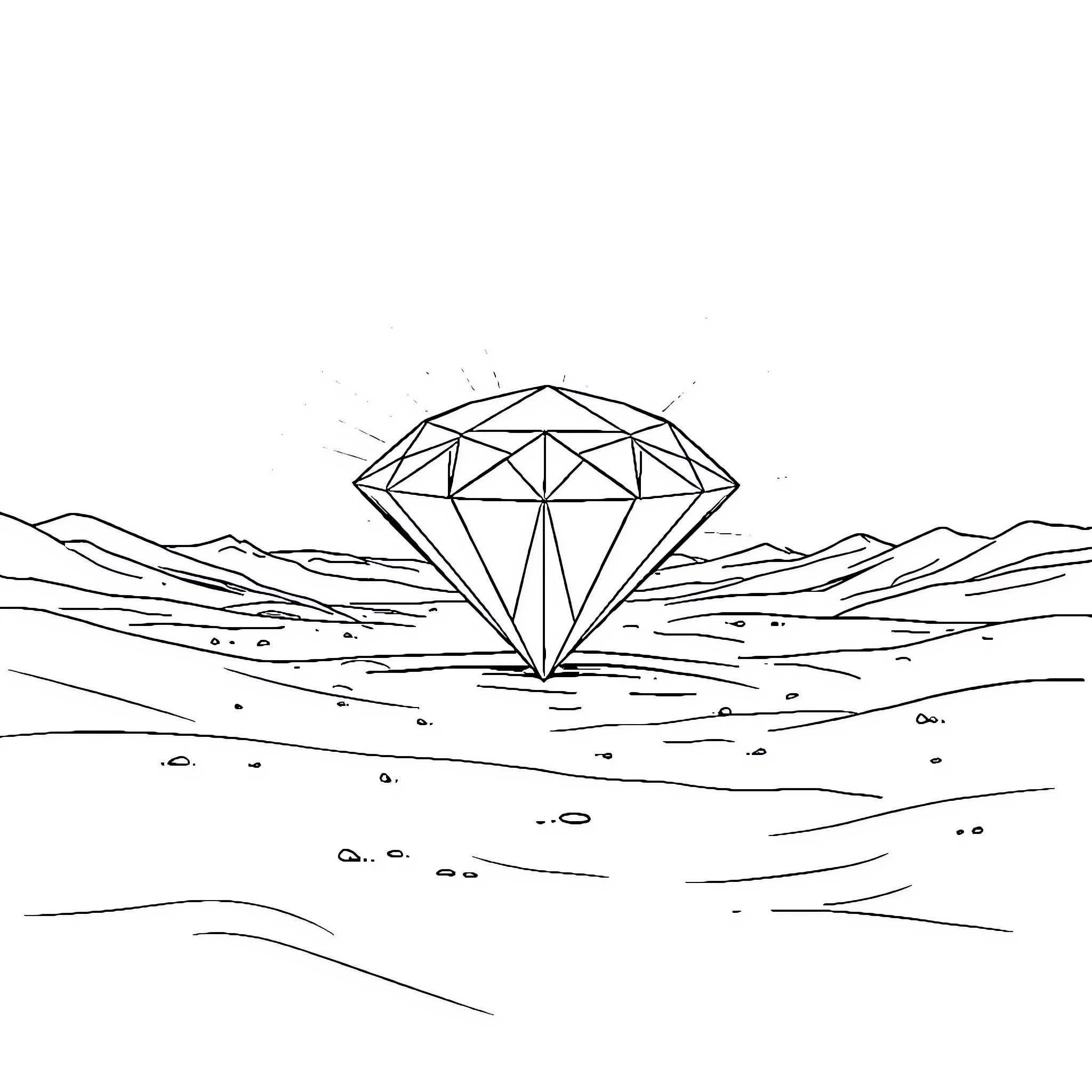 Diamond-shaped crystal in desert landscape Coloring Page (free black-and-white line drawing printable PDF for all, from beginners to advanced learners, including children, teens, adults, and seniors)