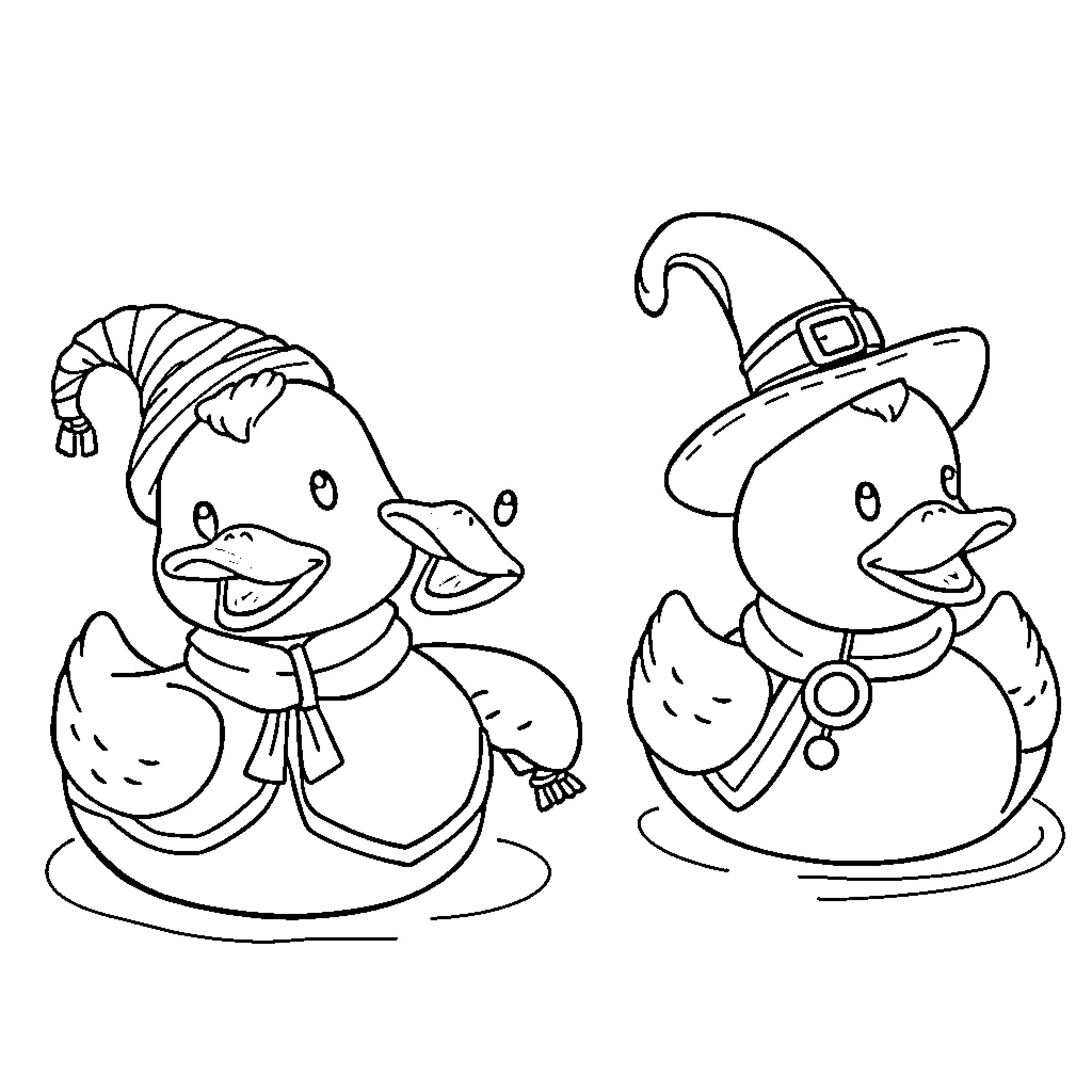 Rubber Duckies playing dress-up on a winter day Coloring Page (free black-and-white line drawing printable PDF for all, from beginners to advanced learners, including children, teens, adults, and seniors)