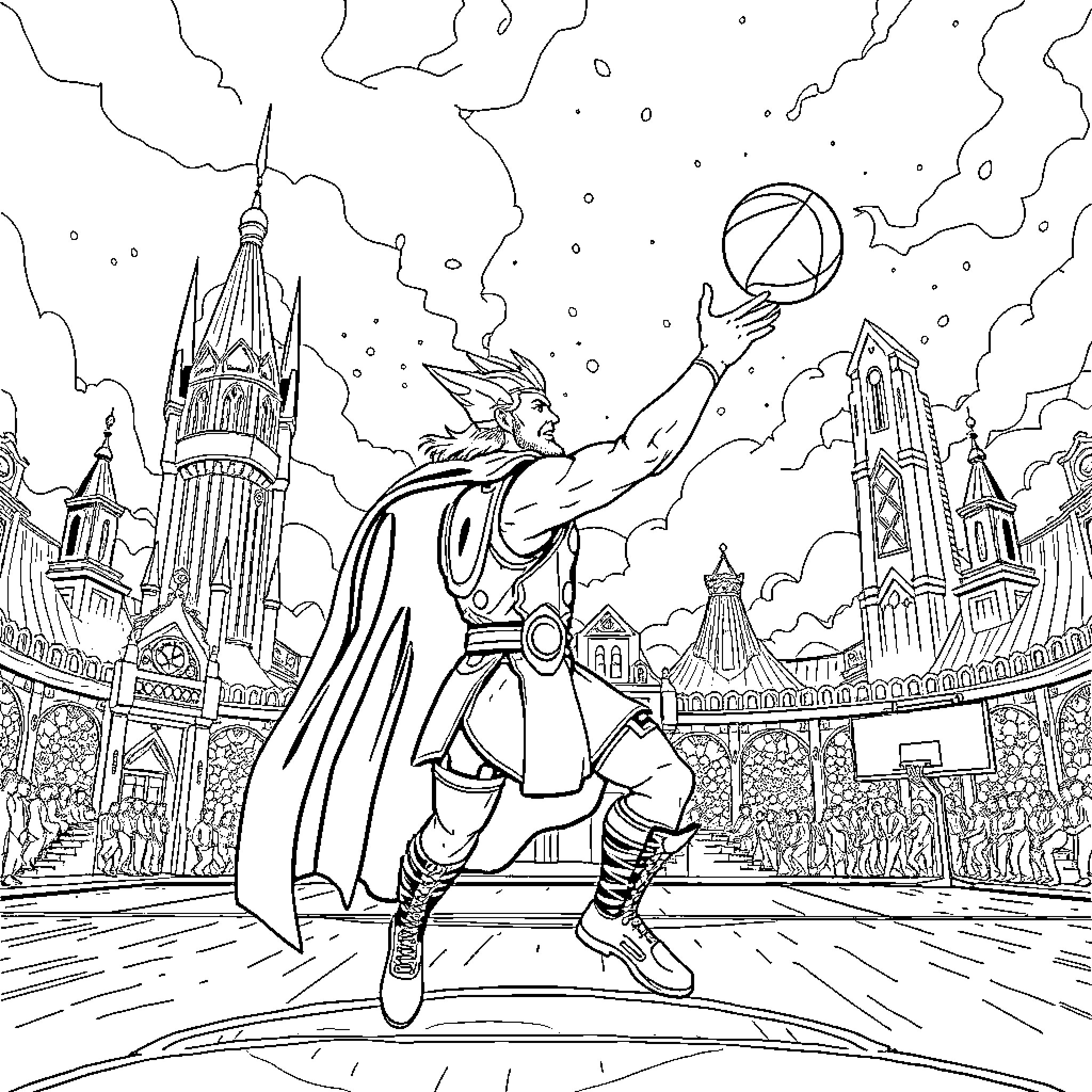 Thor's Triumphant Battle in the Asgardian City Coloring Page (free black-and-white line drawing printable PDF for all, from beginners to advanced learners, including children, teens, adults, and seniors)