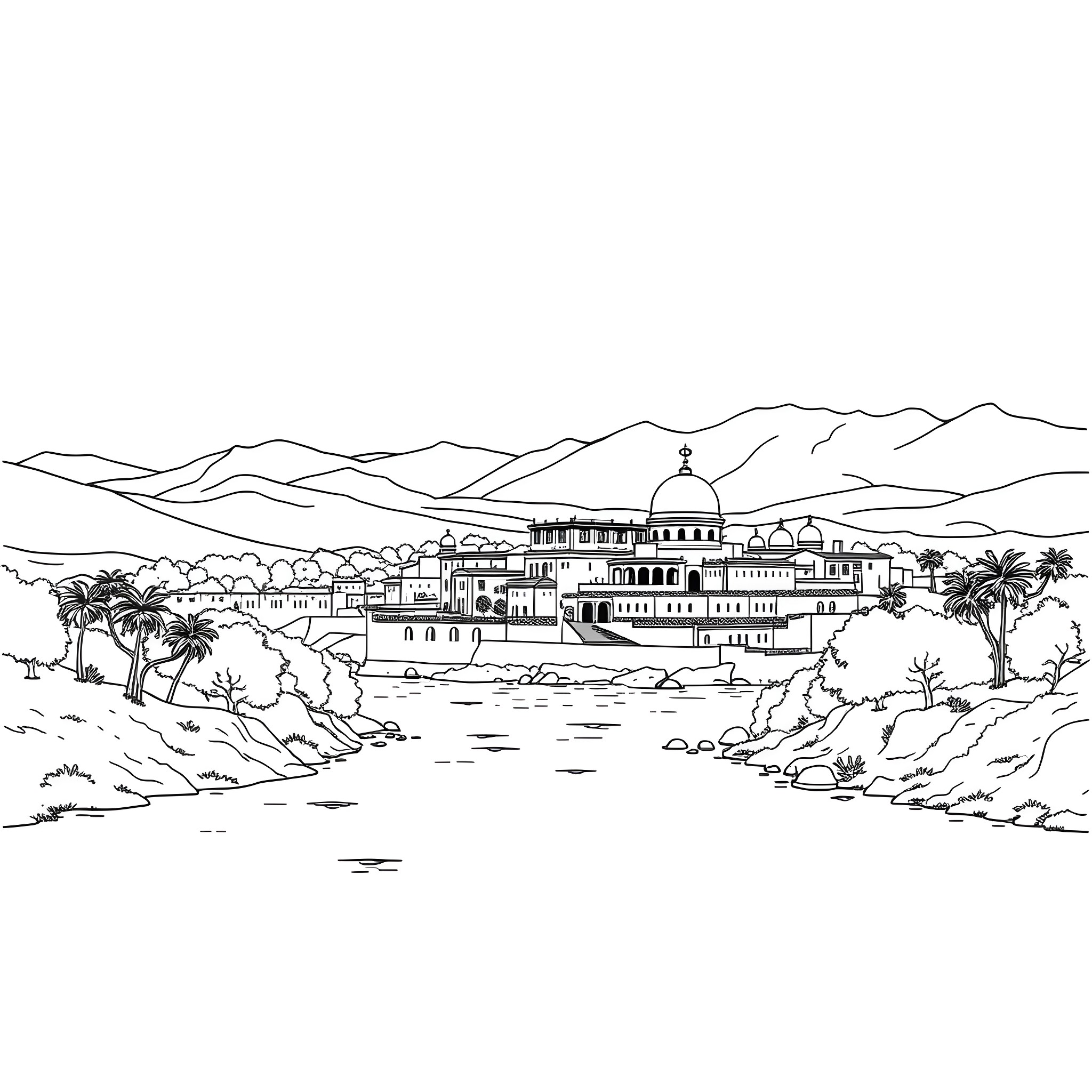 Ctesiphon: A Sprawling Ancient City Landscape Coloring Page (free black-and-white line drawing printable PDF for all, from beginners to advanced learners, including children, teens, adults, and seniors)