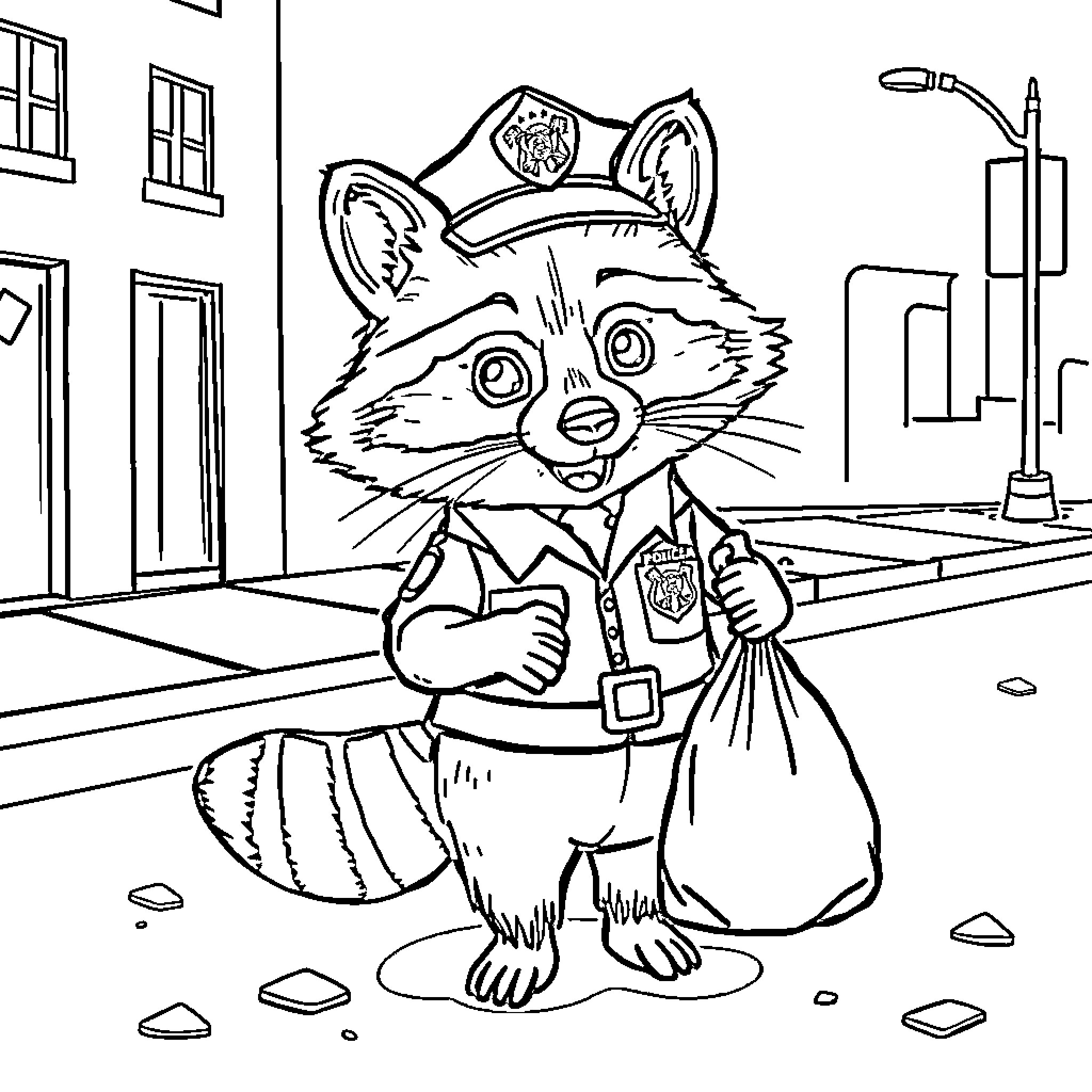 Raccoon Police Officer Patrolling the Streets Coloring Page (free black-and-white line drawing printable PDF for all, from beginners to advanced learners, including children, teens, adults, and seniors)