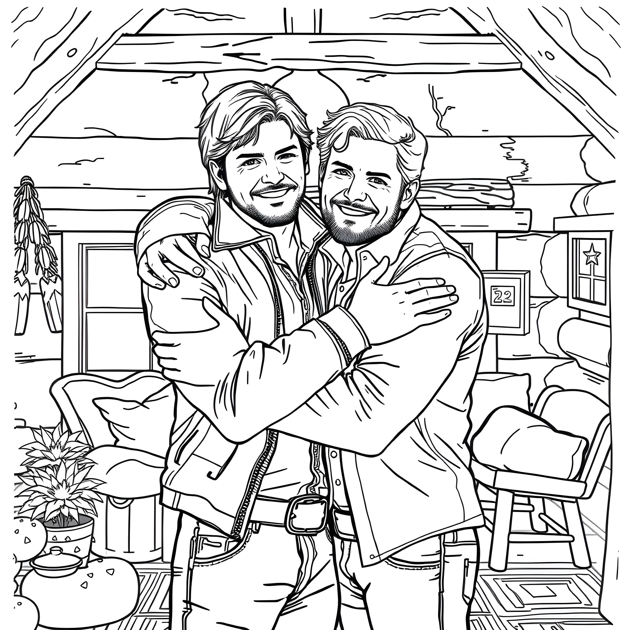 Winchester Embrace: A Heartwarming Moment Coloring Page (free black-and-white line drawing printable PDF for all, from beginners to advanced learners, including children, teens, adults, and seniors)