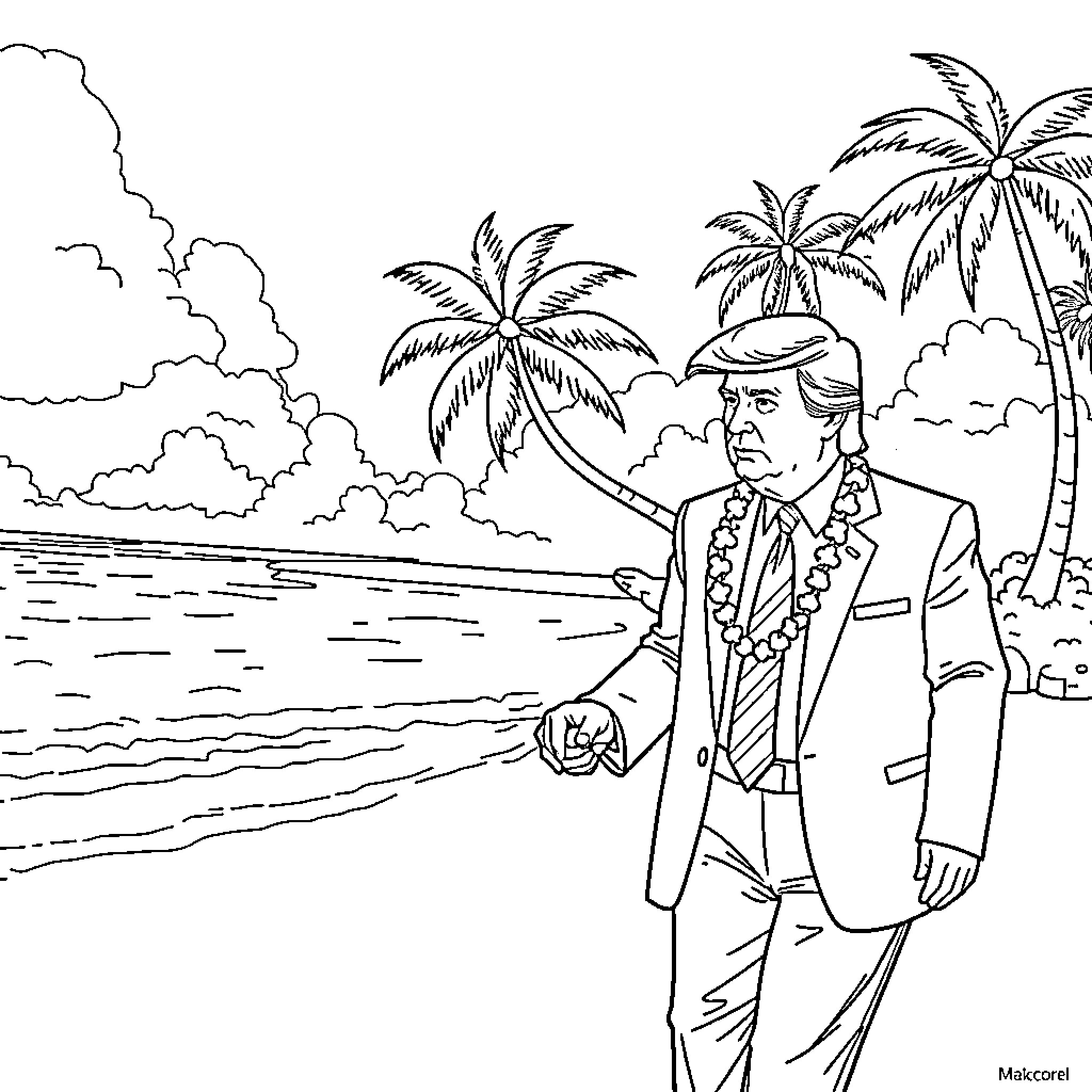 Vladimir Putin in relaxed tropical attire near the beach Coloring Page (free black-and-white line drawing printable PDF for all, from beginners to advanced learners, including children, teens, adults, and seniors)