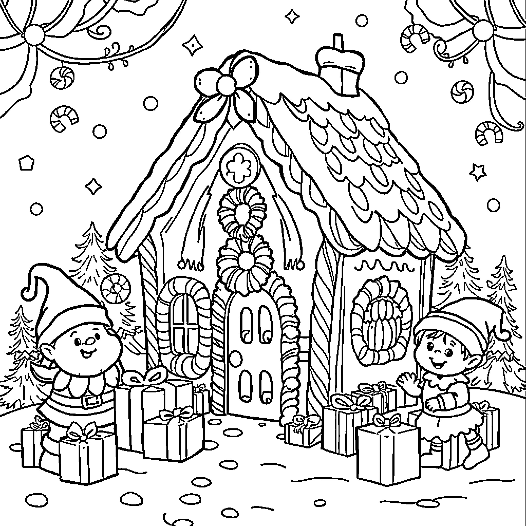 Gingerbread House with Gnome Elves and Presents Coloring Page (free black-and-white line drawing printable PDF for all, from beginners to advanced learners, including children, teens, adults, and seniors)