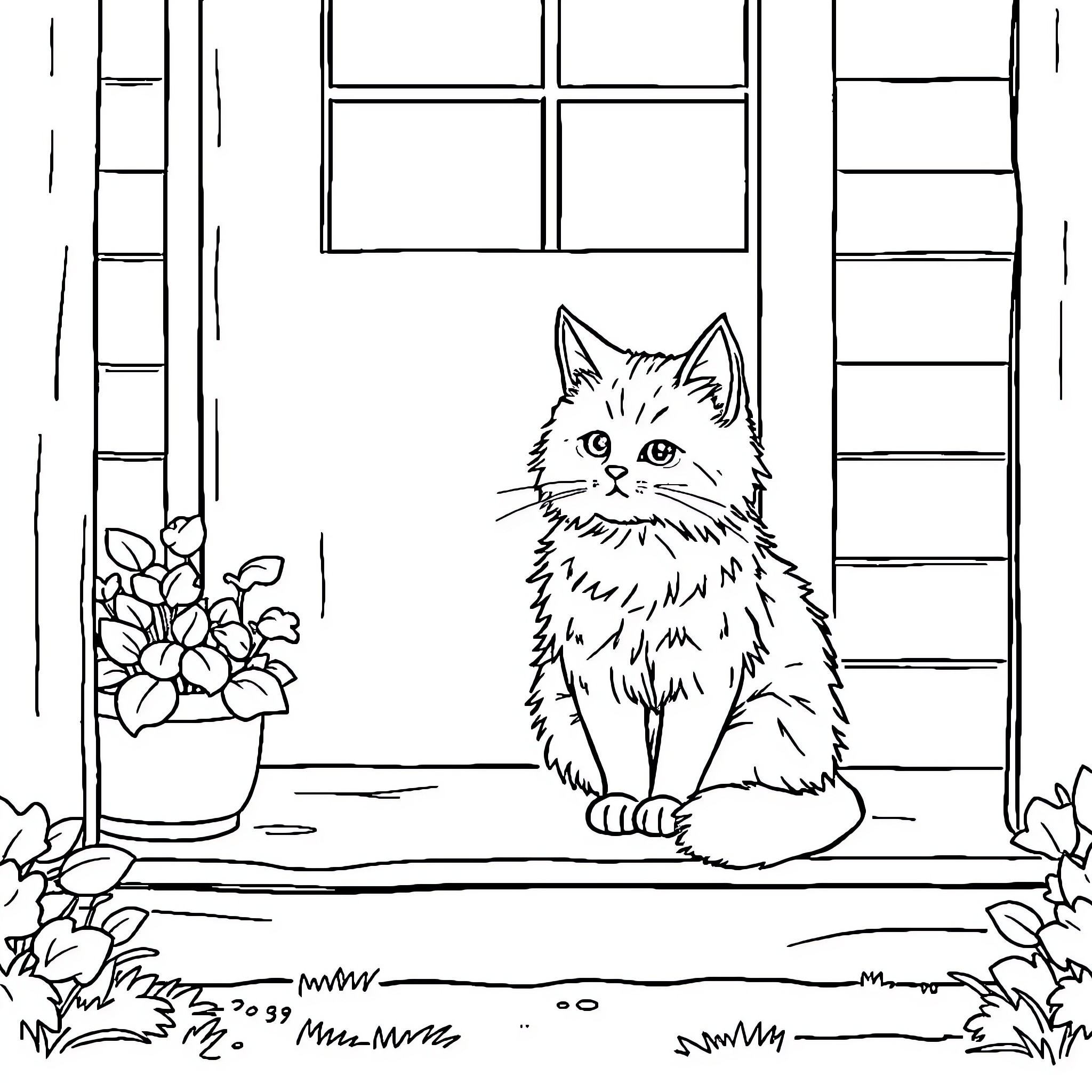 Cat sitting calmly by window with flowers Coloring Page (free black-and-white line drawing printable PDF for all, from beginners to advanced learners, including children, teens, adults, and seniors)