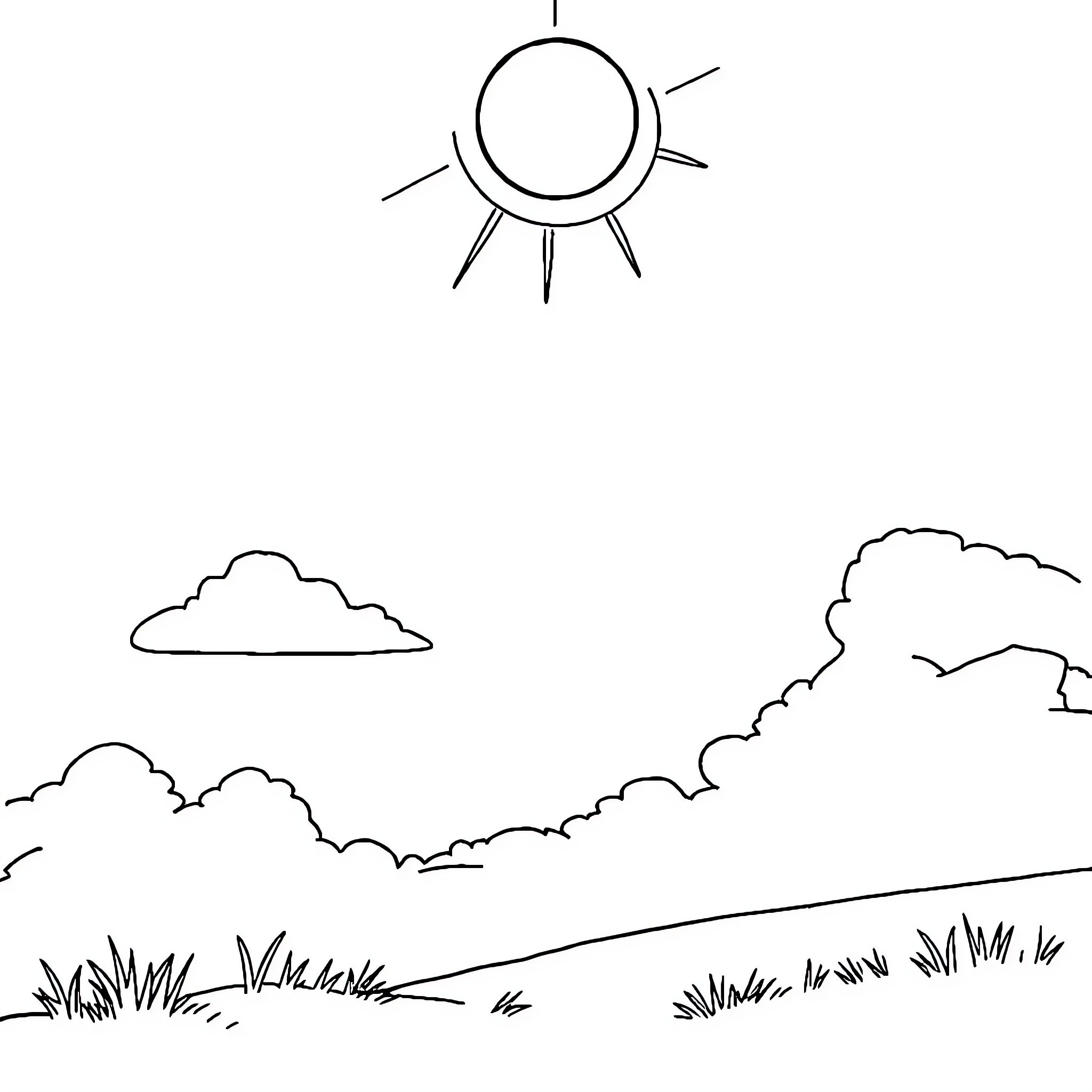 Can see the sun shining over a simple landscape Coloring Page (free black-and-white line drawing printable PDF for all, from beginners to advanced learners, including children, teens, adults, and seniors)