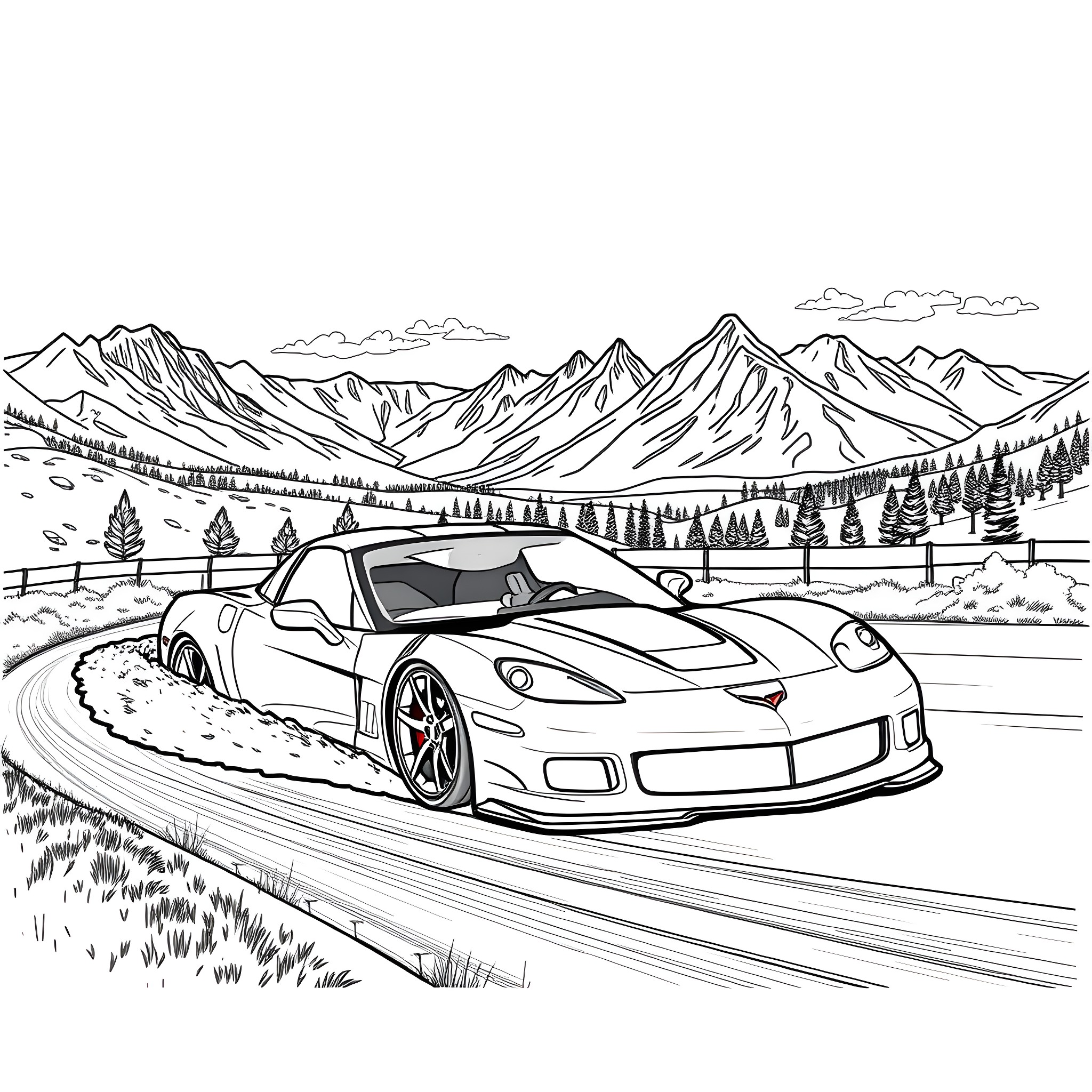 Corvette speeding through a mountain landscape Coloring Page (free black-and-white line drawing printable PDF for all, from beginners to advanced learners, including children, teens, adults, and seniors)