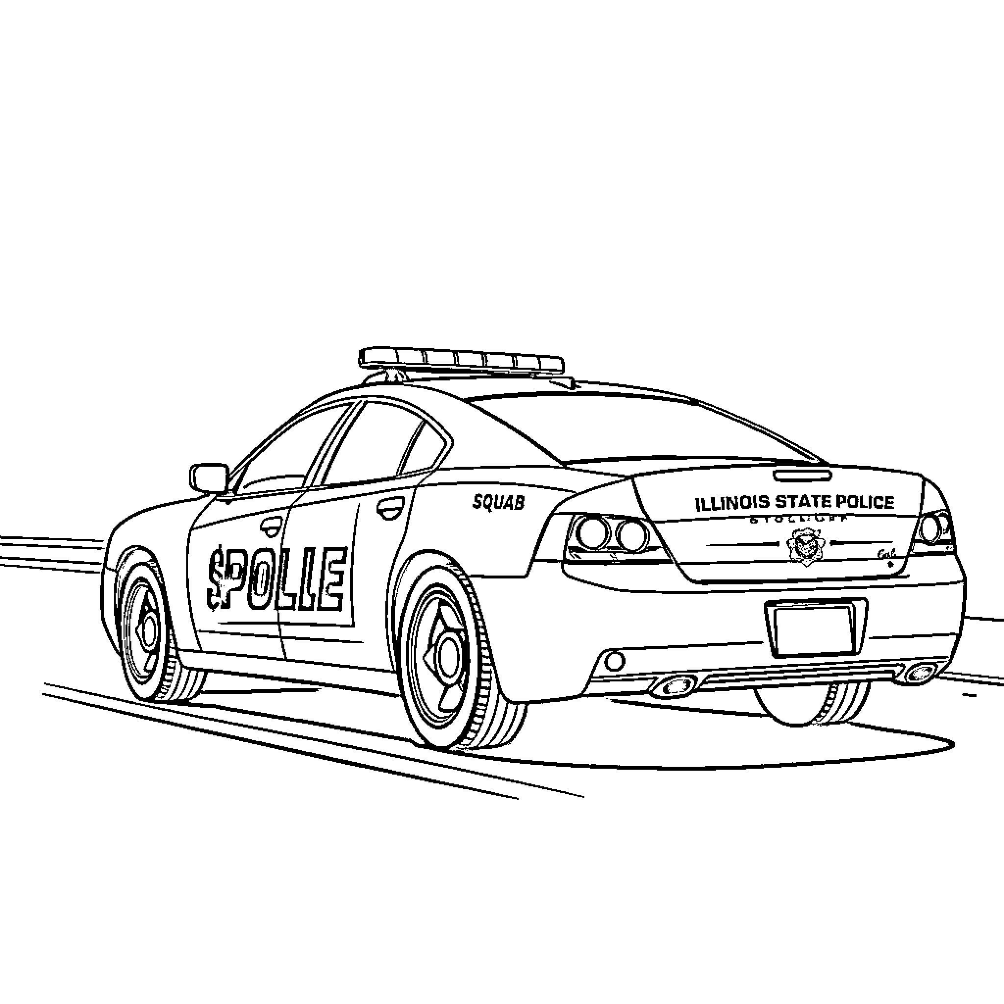 Police Car on Duty with Lights and Sirens Coloring Page (free black-and-white line drawing printable PDF for all, from beginners to advanced learners, including children, teens, adults, and seniors)