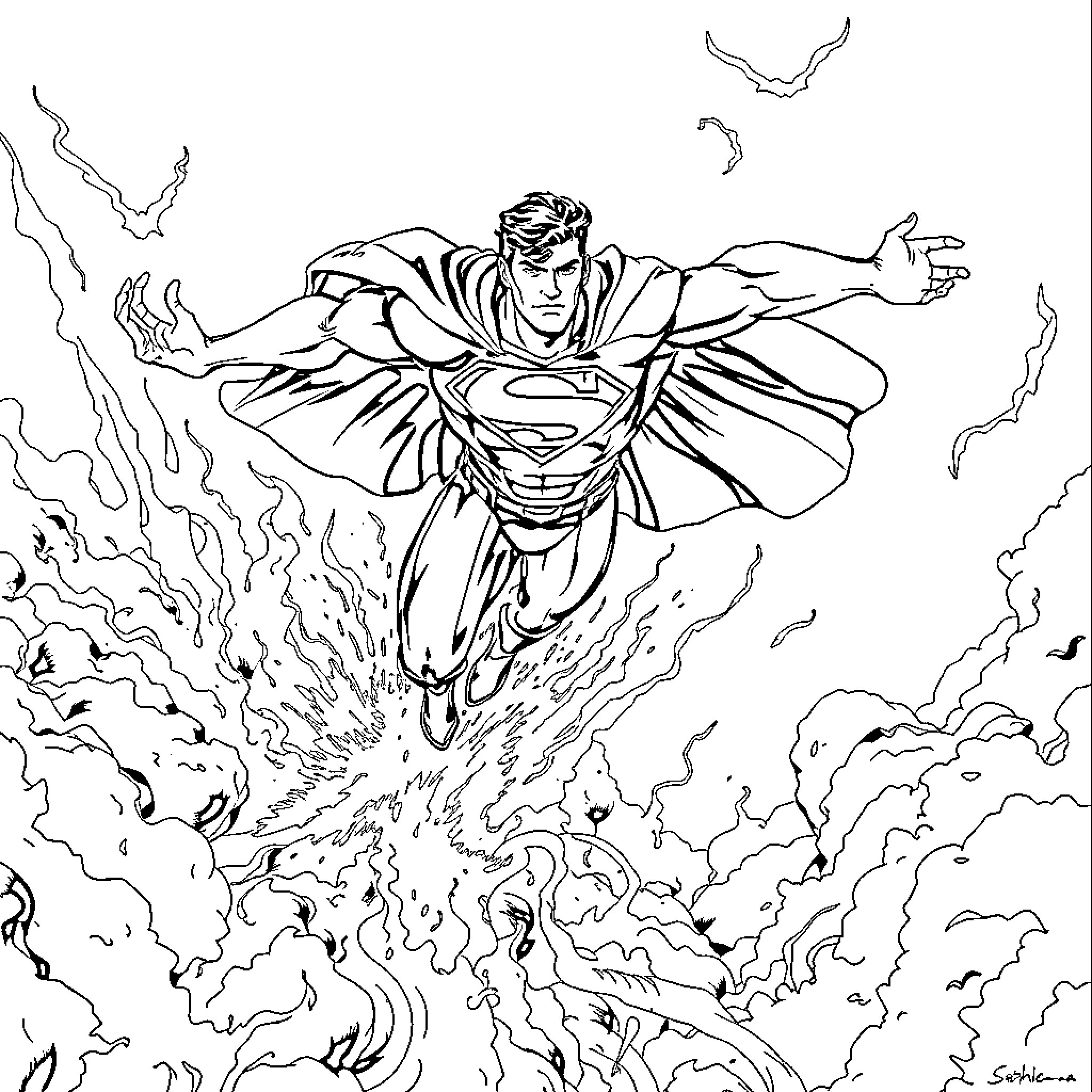 Superman soaring through the sky with determination Coloring Page (free black-and-white line drawing printable PDF for all, from beginners to advanced learners, including children, teens, adults, and seniors)