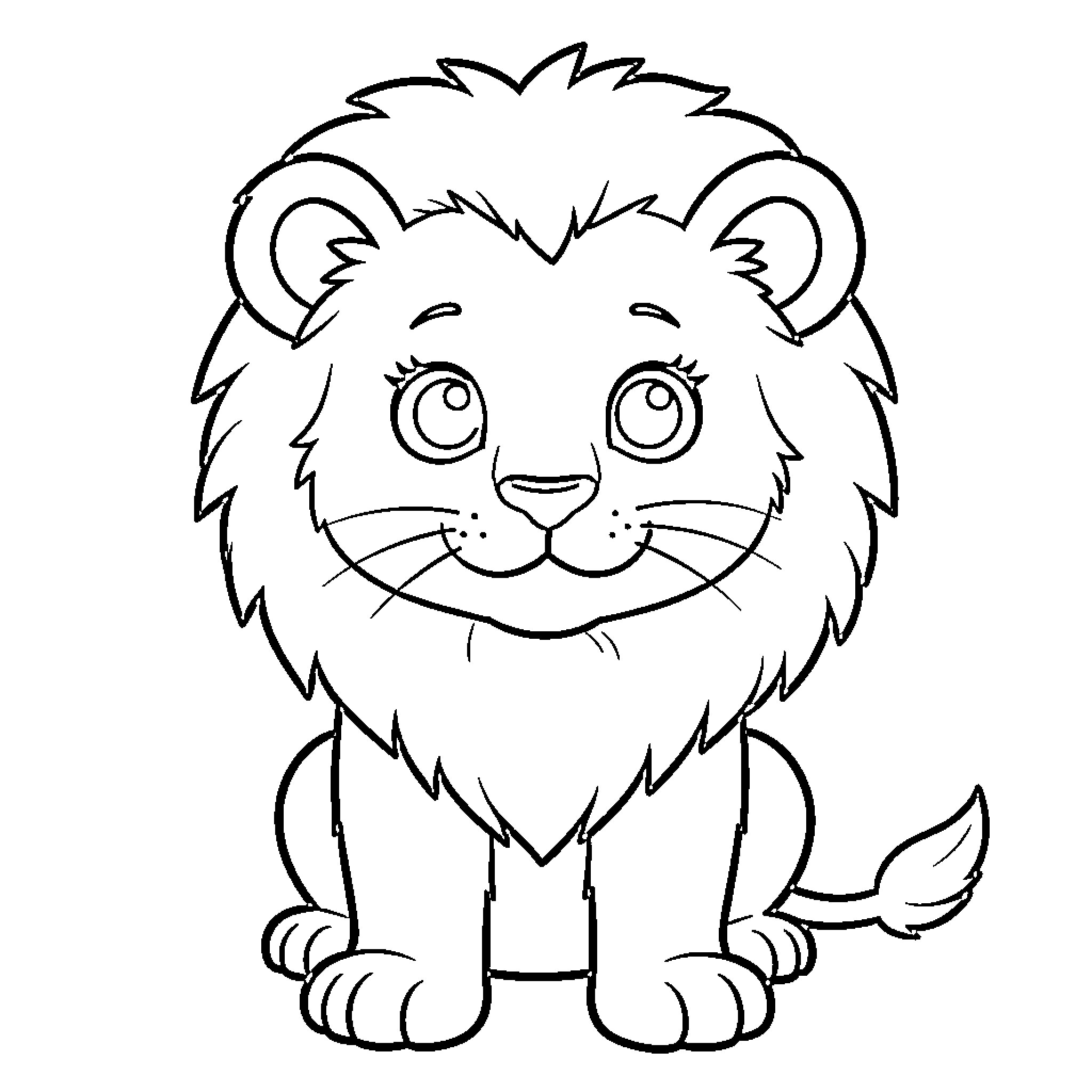 Lion's Cheerful Cartoon Expression Coloring Page (free black-and-white line drawing printable PDF for all, from beginners to advanced learners, including children, teens, adults, and seniors)