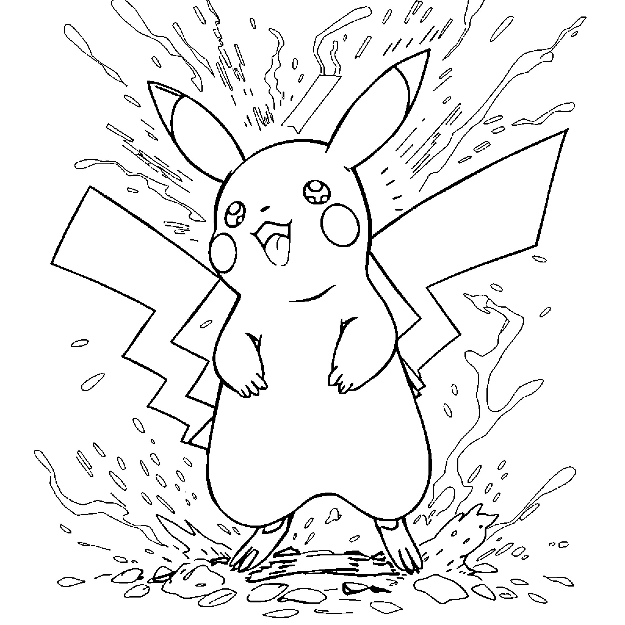 Pikachu unleashing powerful electric attack Coloring Page (free black-and-white line drawing printable PDF for all, from beginners to advanced learners, including children, teens, adults, and seniors)