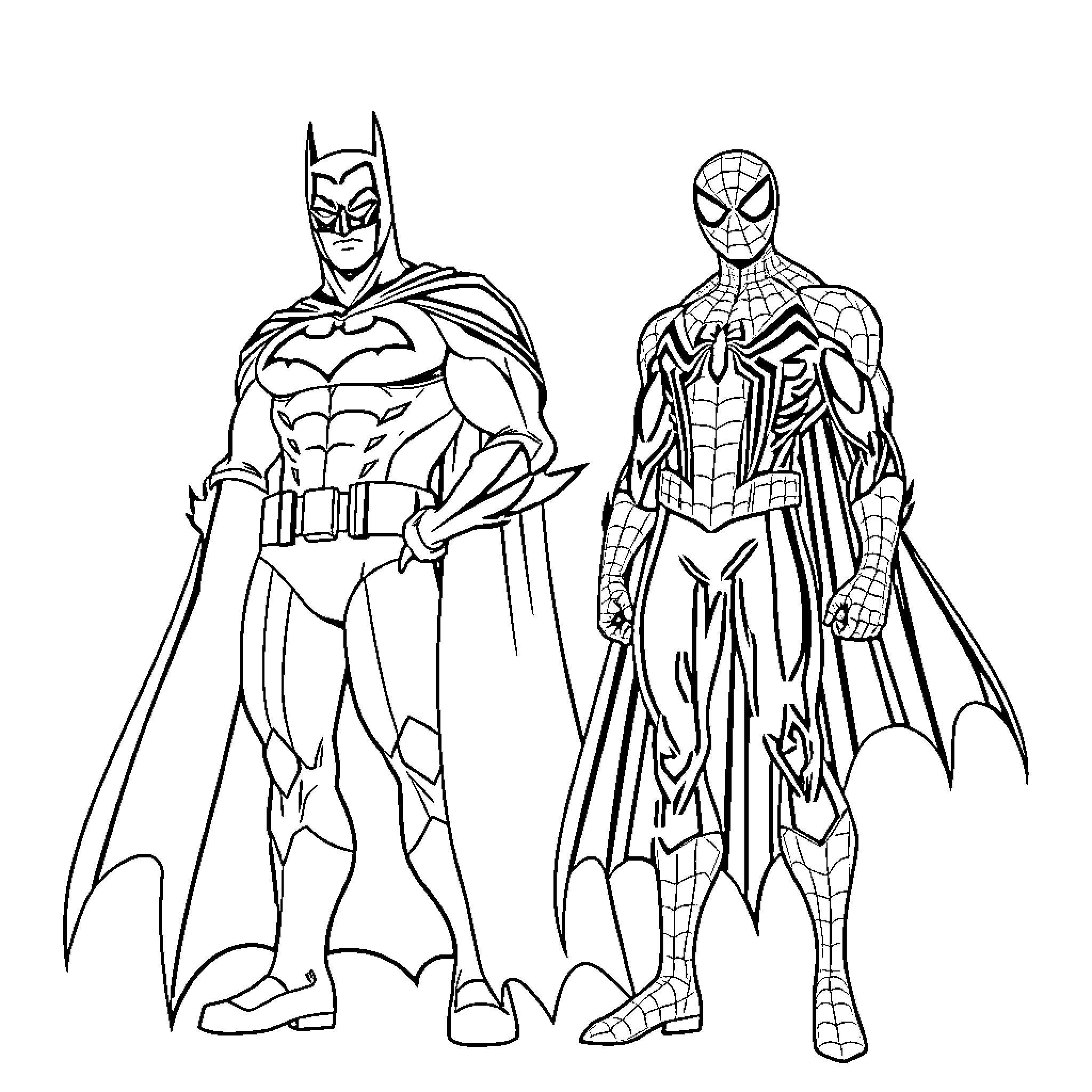 Batman and Spider-Man in action-ready poses Coloring Page (free black-and-white line drawing printable PDF for all, from beginners to advanced learners, including children, teens, adults, and seniors)