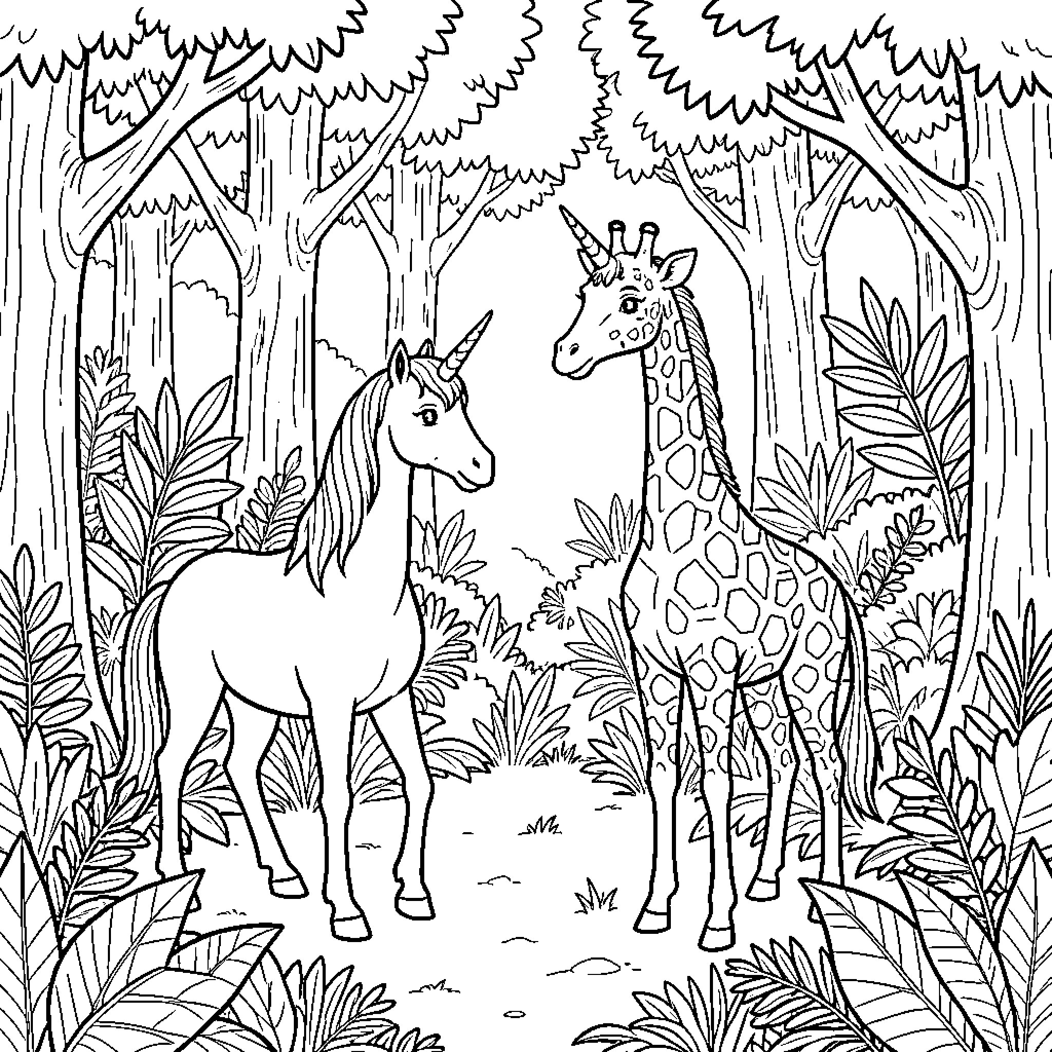 Unicorn standing peacefully with a giraffe in the forest Coloring Page (free black-and-white line drawing printable PDF for all, from beginners to advanced learners, including children, teens, adults, and seniors)