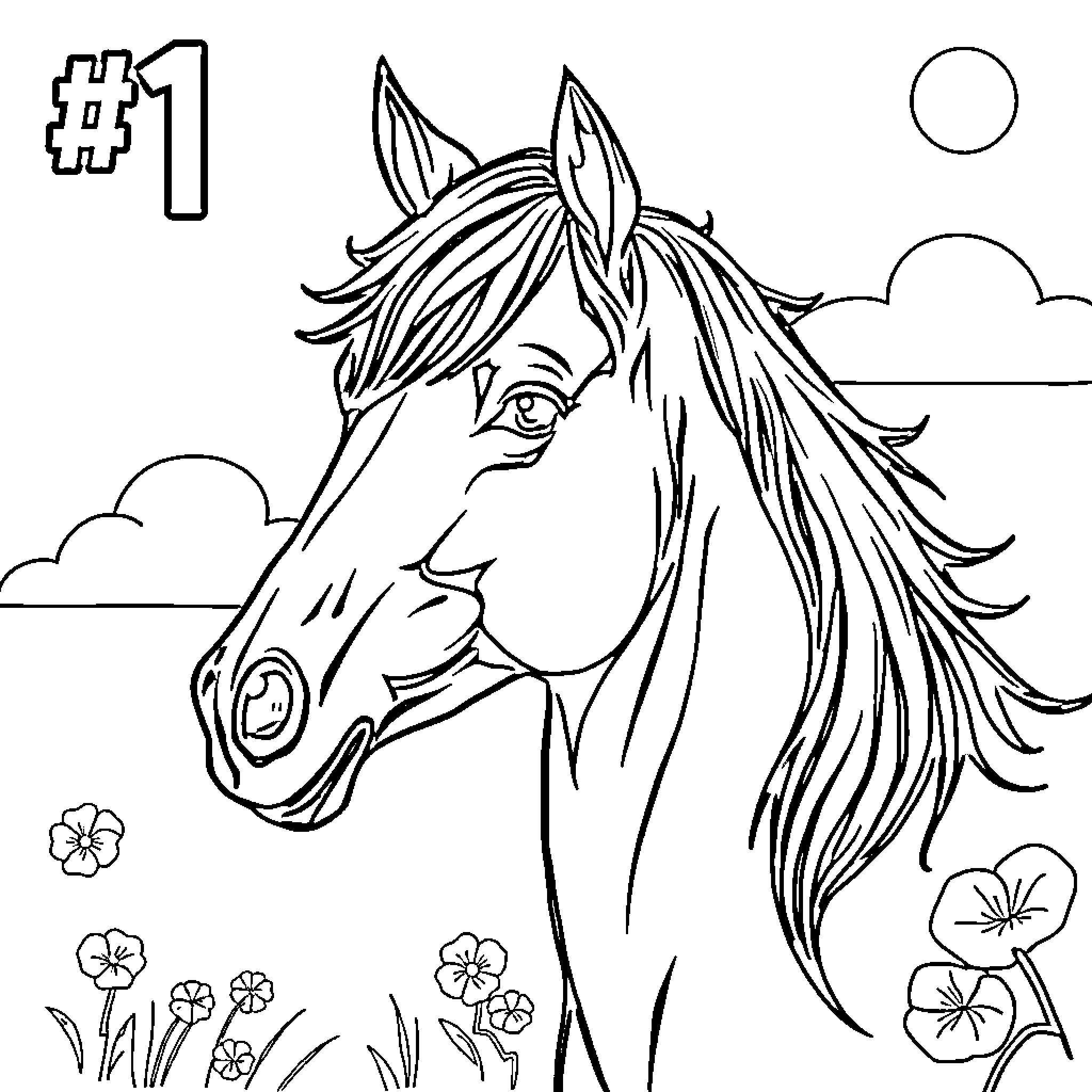 Horse with flowing mane in a field of flowers Coloring Page (free black-and-white line drawing printable PDF for all, from beginners to advanced learners, including children, teens, adults, and seniors)