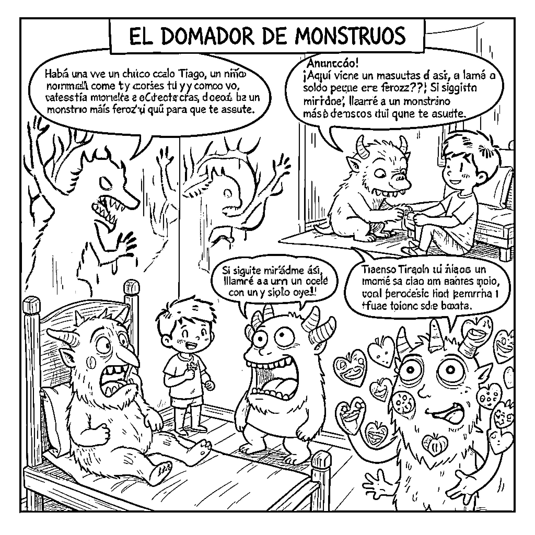 Monster Catchers Confronting Monstrous Creatures Coloring Page (free black-and-white line drawing printable PDF for all, from beginners to advanced learners, including children, teens, adults, and seniors)