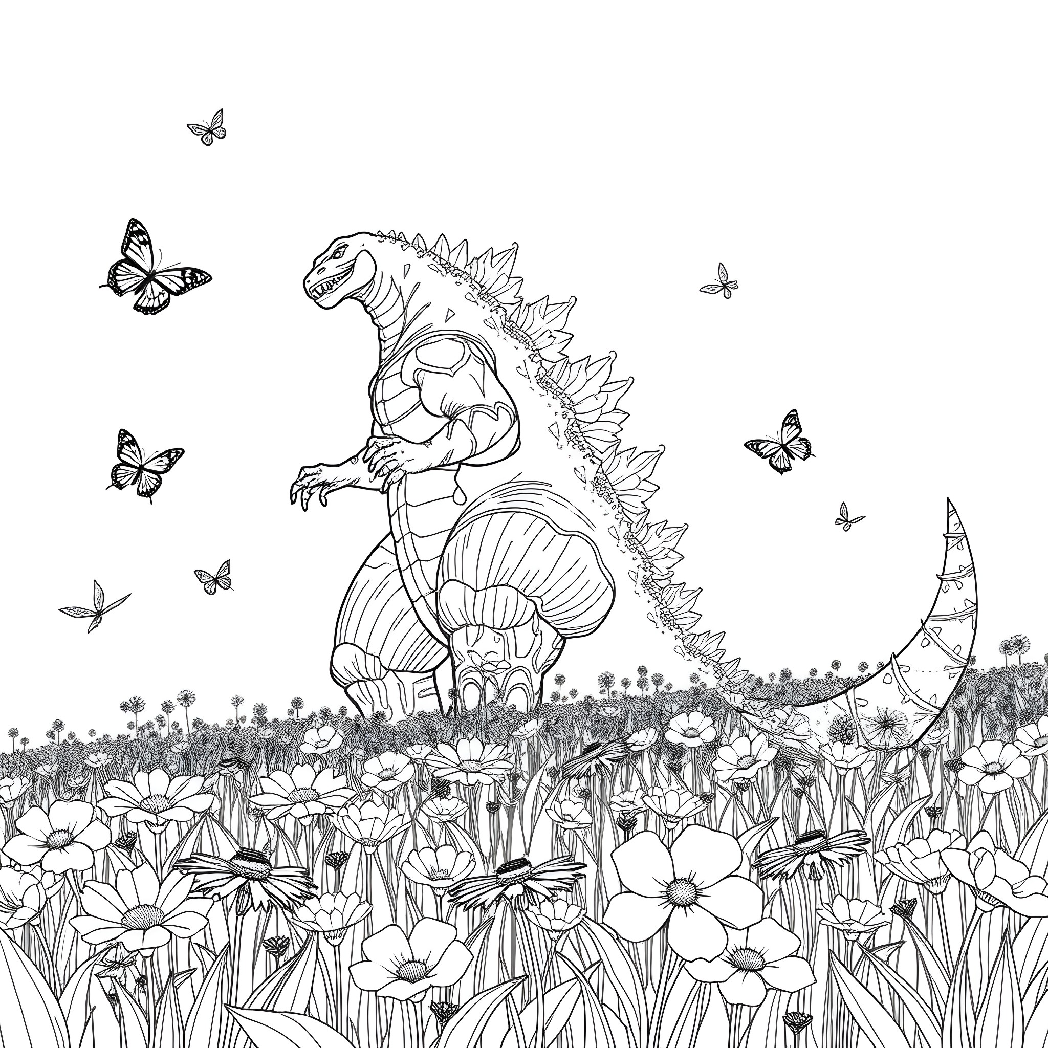 Godzilla stomping through a vibrant meadow with butterflies Coloring Page (free black-and-white line drawing printable PDF for all, from beginners to advanced learners, including children, teens, adults, and seniors)