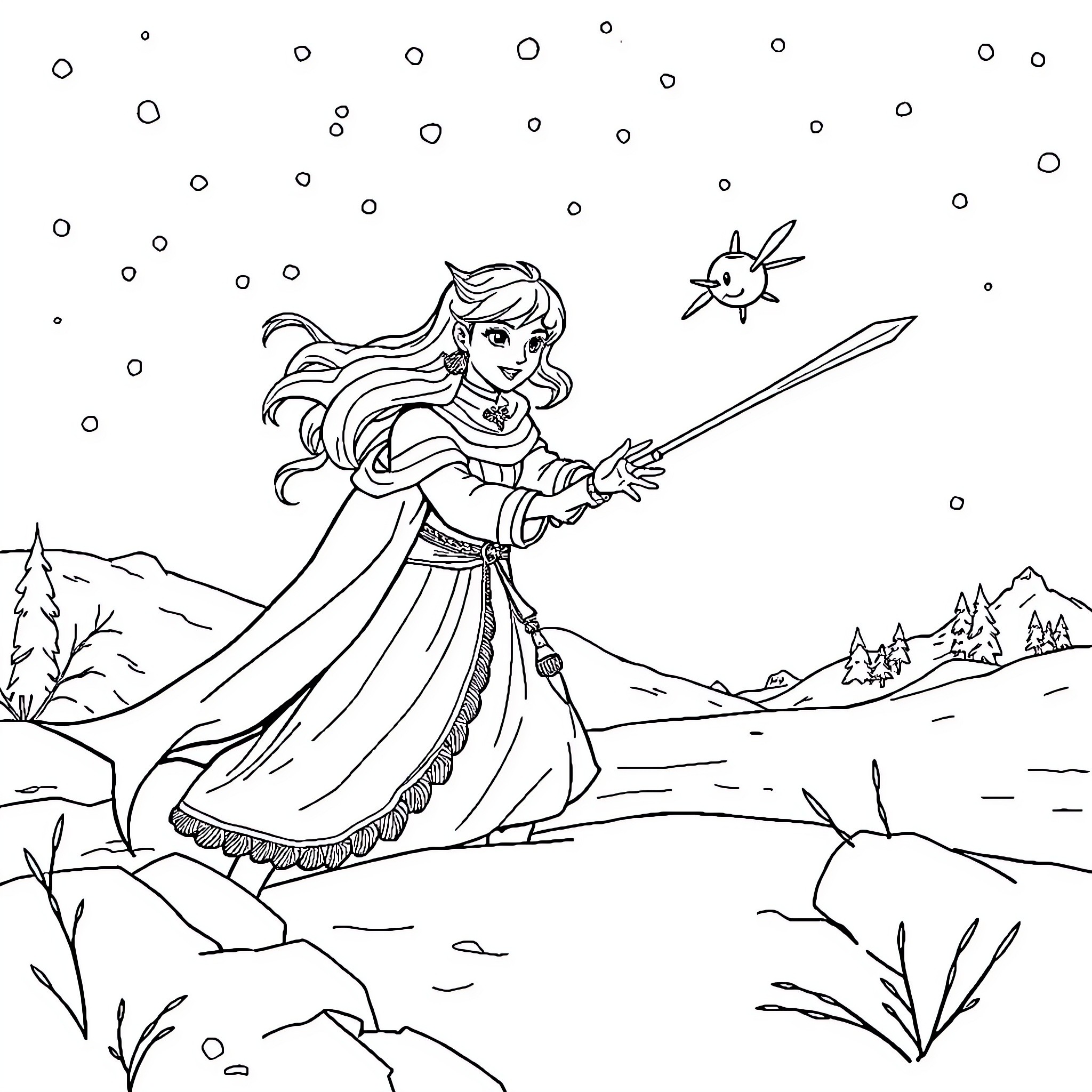 Queen's Magical Journey in Winter Wonderland Coloring Page (free black-and-white line drawing printable PDF for all, from beginners to advanced learners, including children, teens, adults, and seniors)