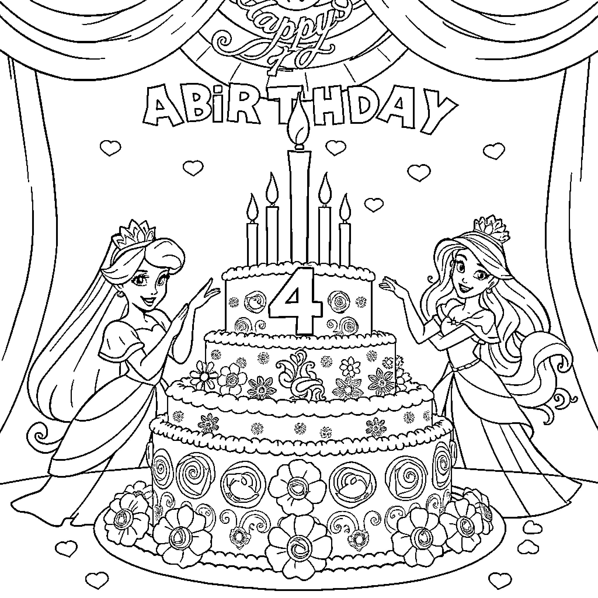 Disney Princess Birthday Celebration with Cake and Candles Coloring Page (free black-and-white line drawing printable PDF for all, from beginners to advanced learners, including children, teens, adults, and seniors)