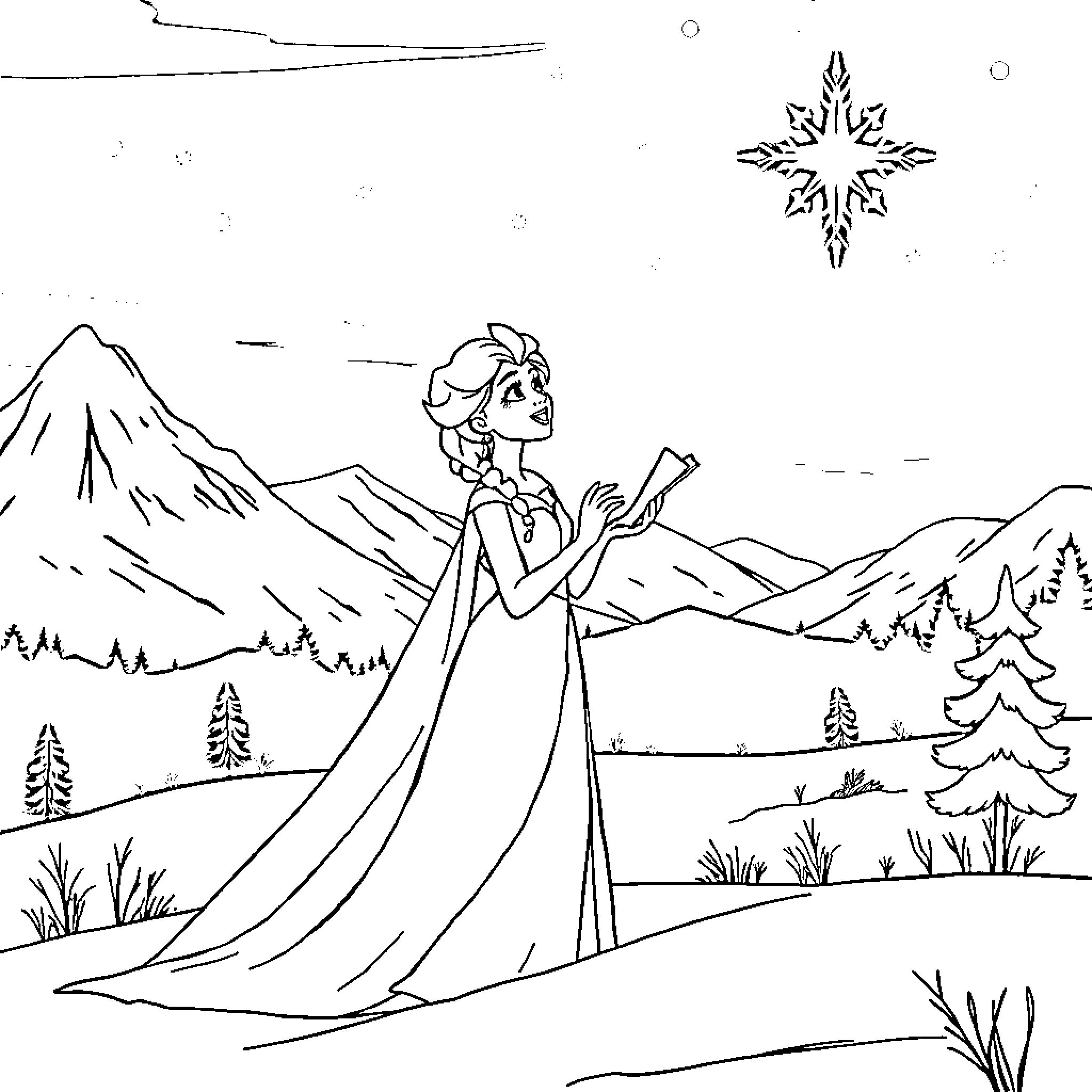 Elsa enjoying the winter wonderland Coloring Page (free black-and-white line drawing printable PDF for all, from beginners to advanced learners, including children, teens, adults, and seniors)