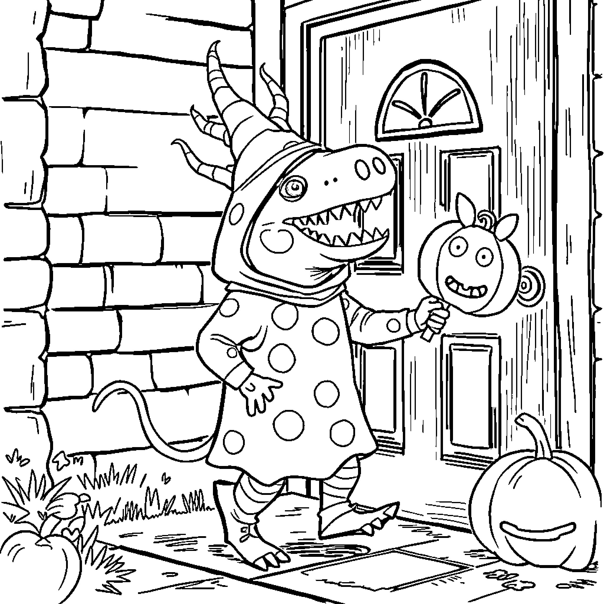 Demogorgon's Spooky Trick-or-Treating Adventure Coloring Page (free black-and-white line drawing printable PDF for all, from beginners to advanced learners, including children, teens, adults, and seniors)