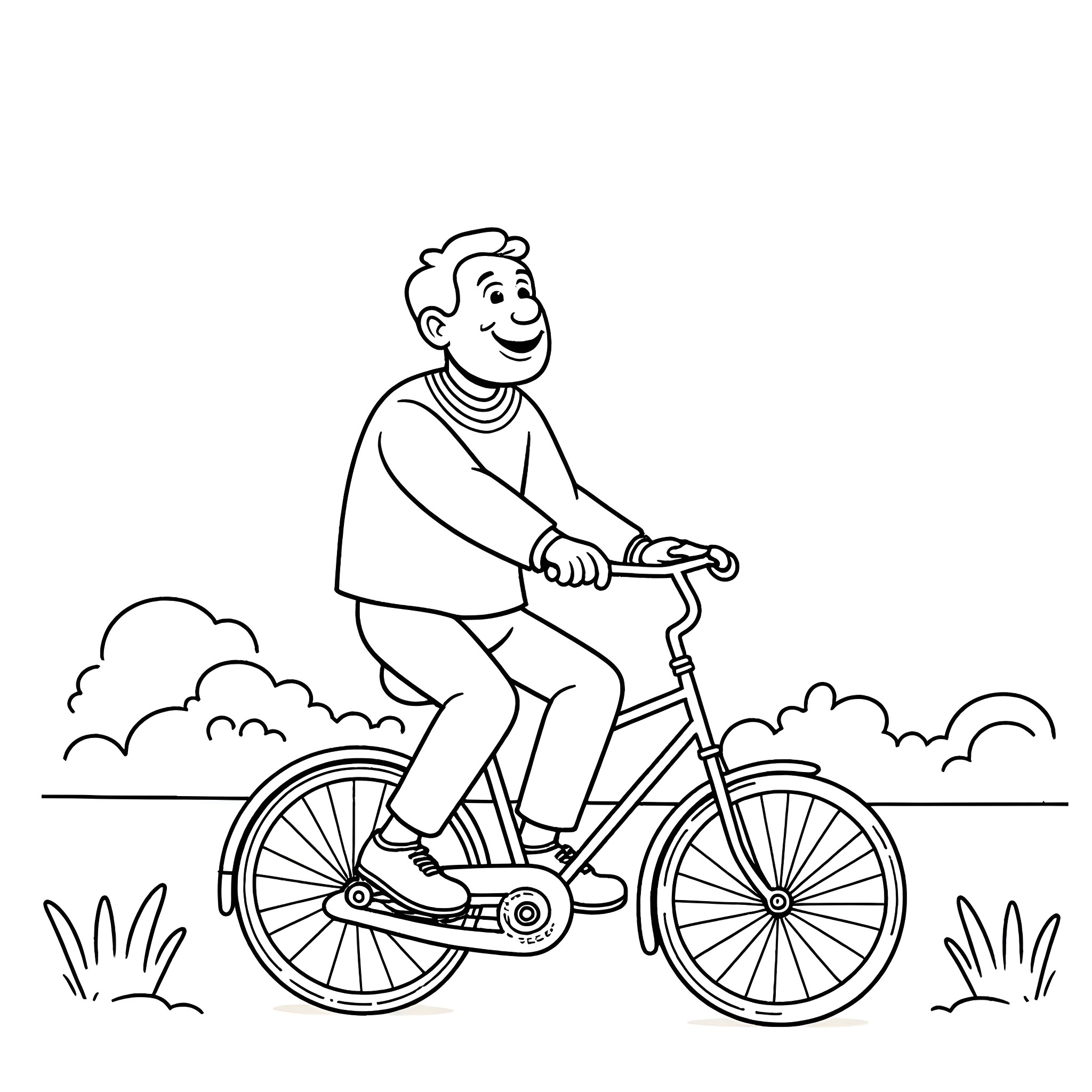 Grandpa riding a bicycle outdoors Coloring Page (free black-and-white line drawing printable PDF for all, from beginners to advanced learners, including children, teens, adults, and seniors)