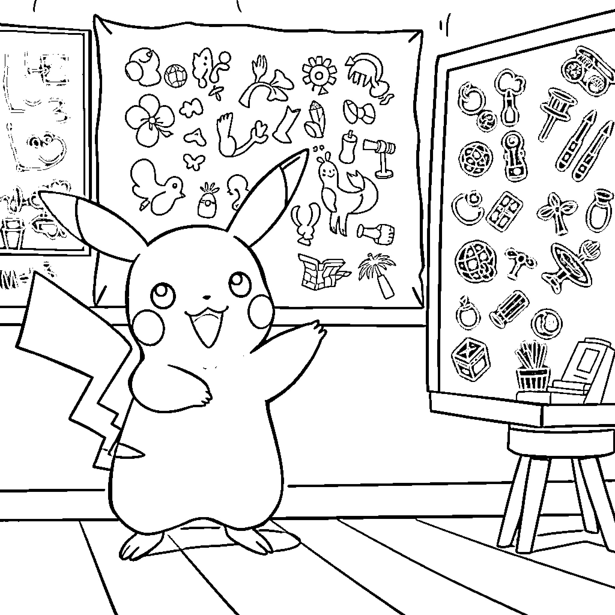 Pikachu drawing in an art studio Coloring Page (free black-and-white line drawing printable PDF for all, from beginners to advanced learners, including children, teens, adults, and seniors)